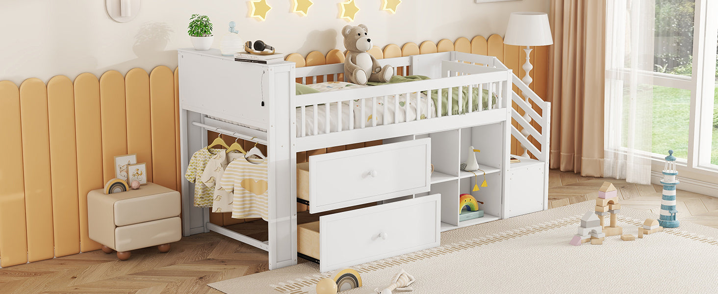 Twin Size Loft Bed with LED and Bookshelf, Wood Low Loft Bed with Stairs, Kids Twin Loft Bed with Storage Drawers and Shelves,White (Expect Arrival Date 2025/1/20)