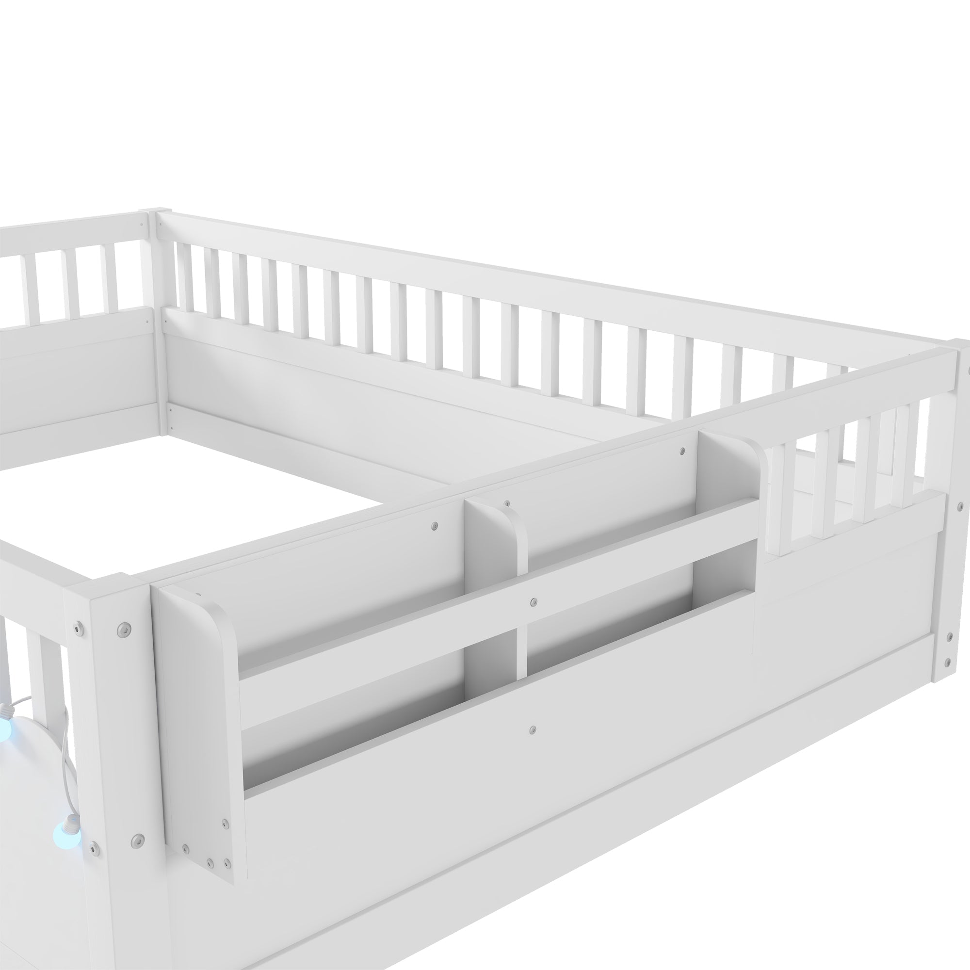 Full Montessori Floor Bed Frame with High Rails, Wood Kids Floor Beds with Light and Storage Shelf, White (Expect Arrival Date 2025/8/15)