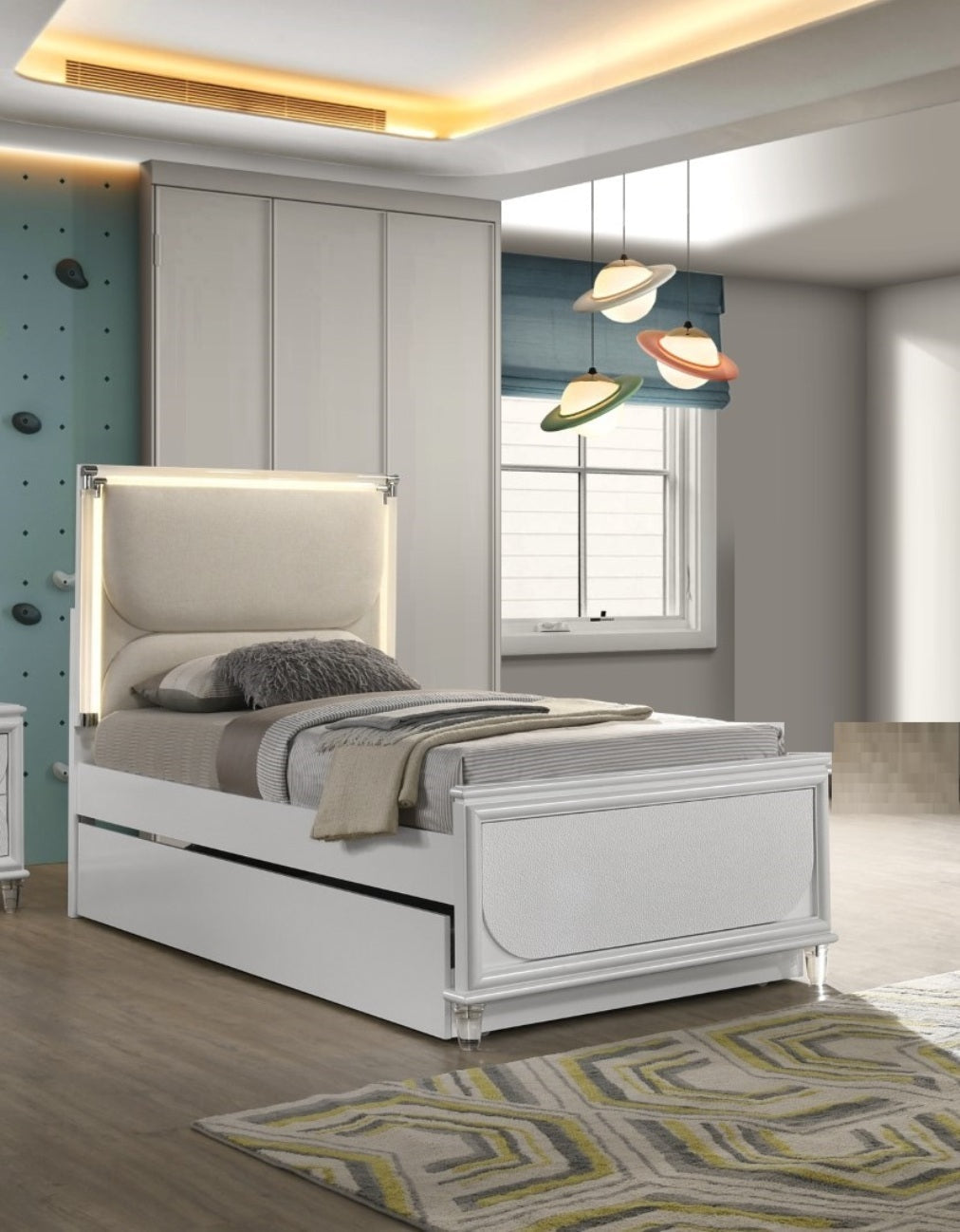 Contemporary Glam Pearl White Full Size Bed W Trundle 2x Nightstands Embossed Panel 3pc Bedframe Bedroom Furniture