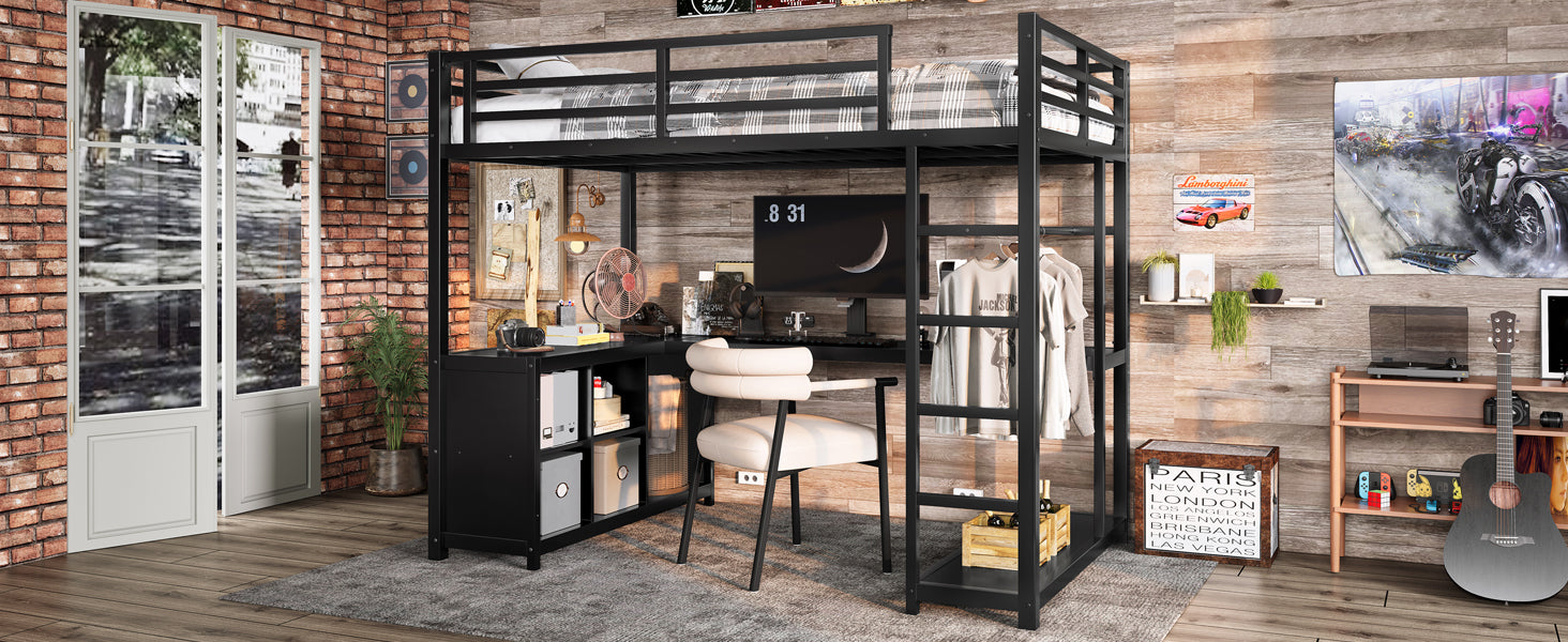Metal Loft Bed with Wardrobe and L-shaped Desk, Twin Size Loft Bed with Storage Cubes and Shelves, Loft Bed for Kids Teens Adults, Black