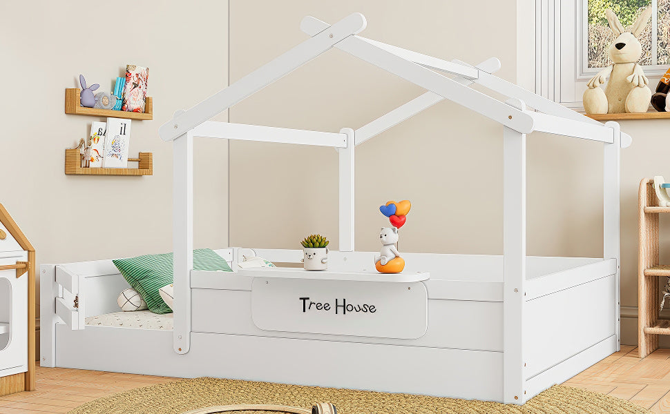 Full Size Floor Bed with Guardrails and Roof, Kids House Floor Bed with a Small Built-in Tray and Free-installed Signboard, Childlike Design, White