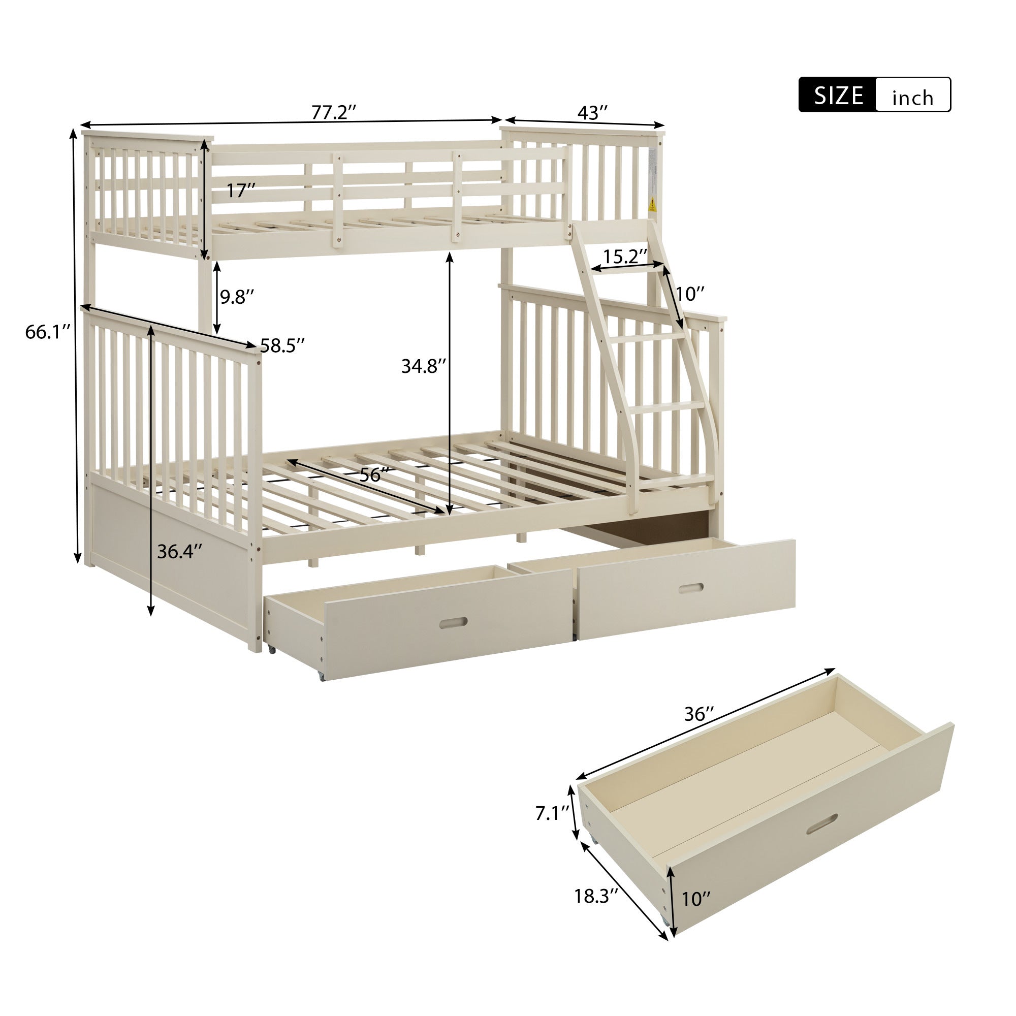 Twin Over Full Bunk Bed with Storage Drawers, Wooden Bunk Bed with Ladder and Safety Guard Rails –Cream