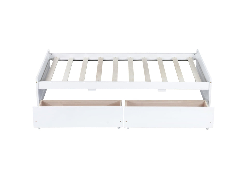 Twin Size Bed with 2 Drawers, Solid Rubber Wood Bed,White