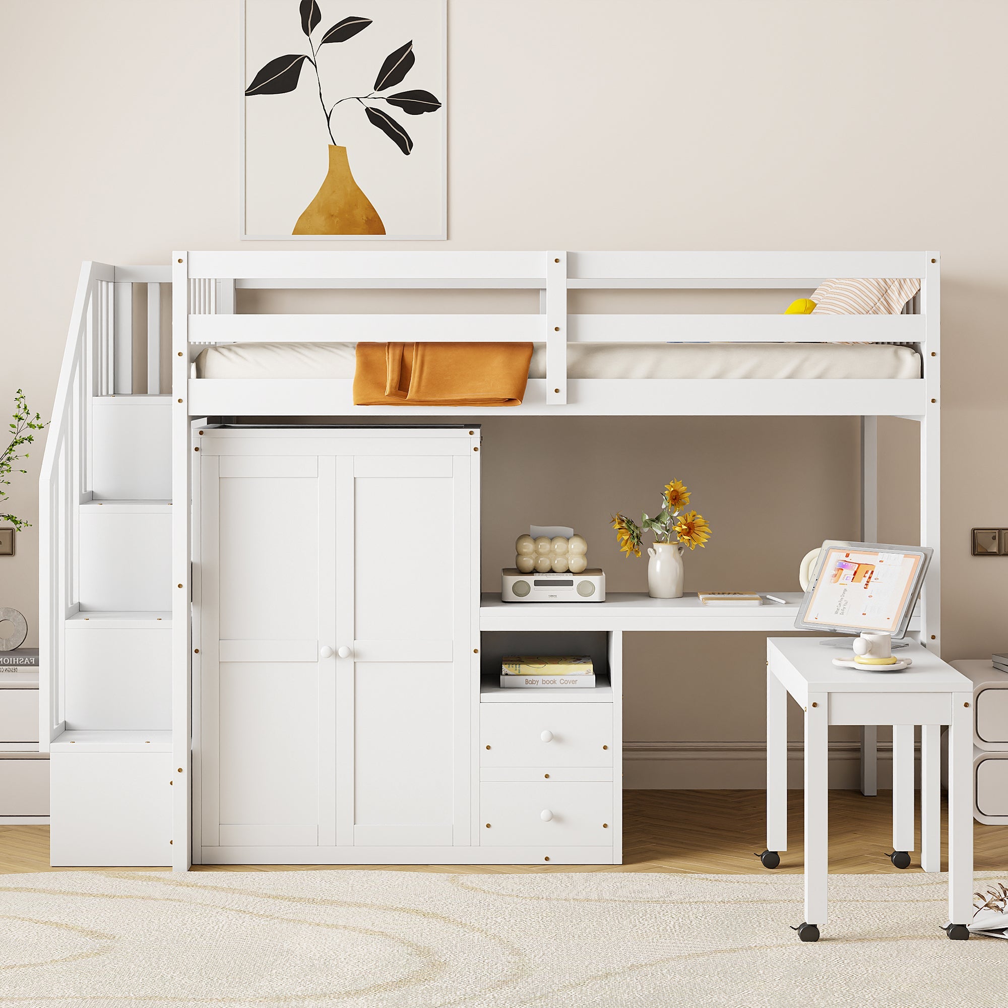 Twin Size Loft Bed with Stairs, Bookshelf, Drawers, Desk & Wardrobe – Space-Saving Multifunctional Furniture for Kids & Teens-White
