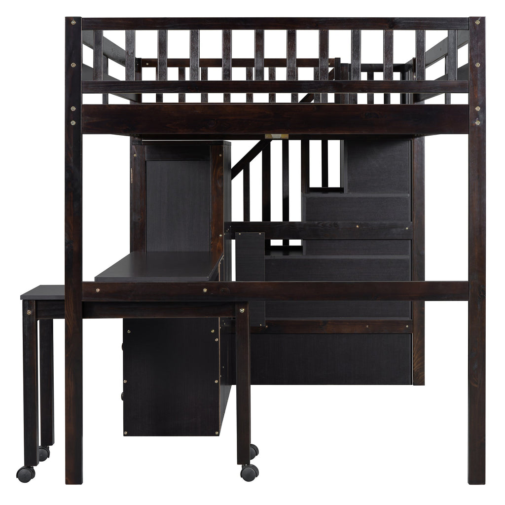 Full Size Loft Bed with Stairs, Bookshelf, Drawers, Desk & Wardrobe – Space-Saving Multifunctional Furniture for Kids & Teens-Espresso