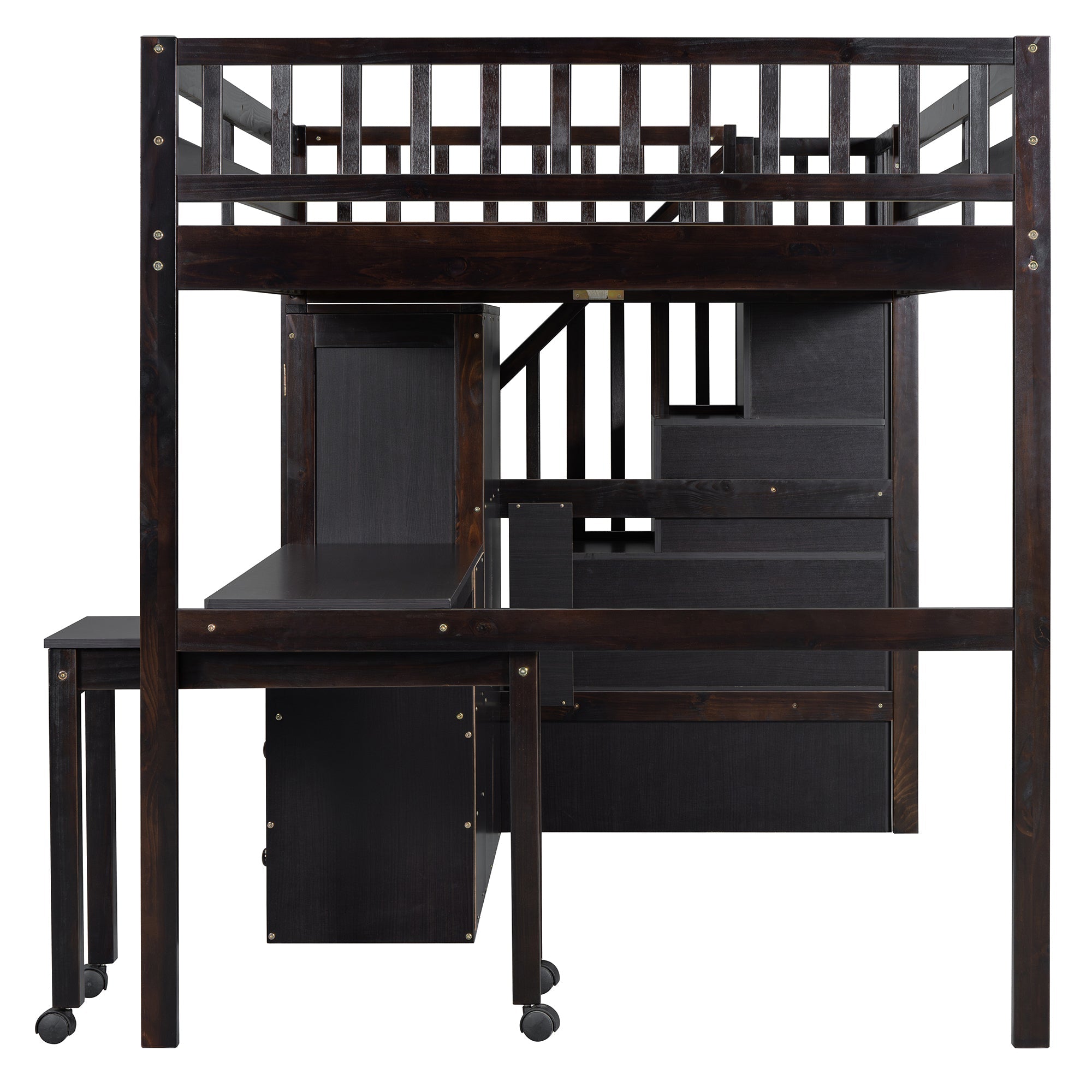 Full Size Loft Bed with Stairs, Bookshelf, Drawers, Desk & Wardrobe – Space-Saving Multifunctional Furniture for Kids & Teens-Espresso