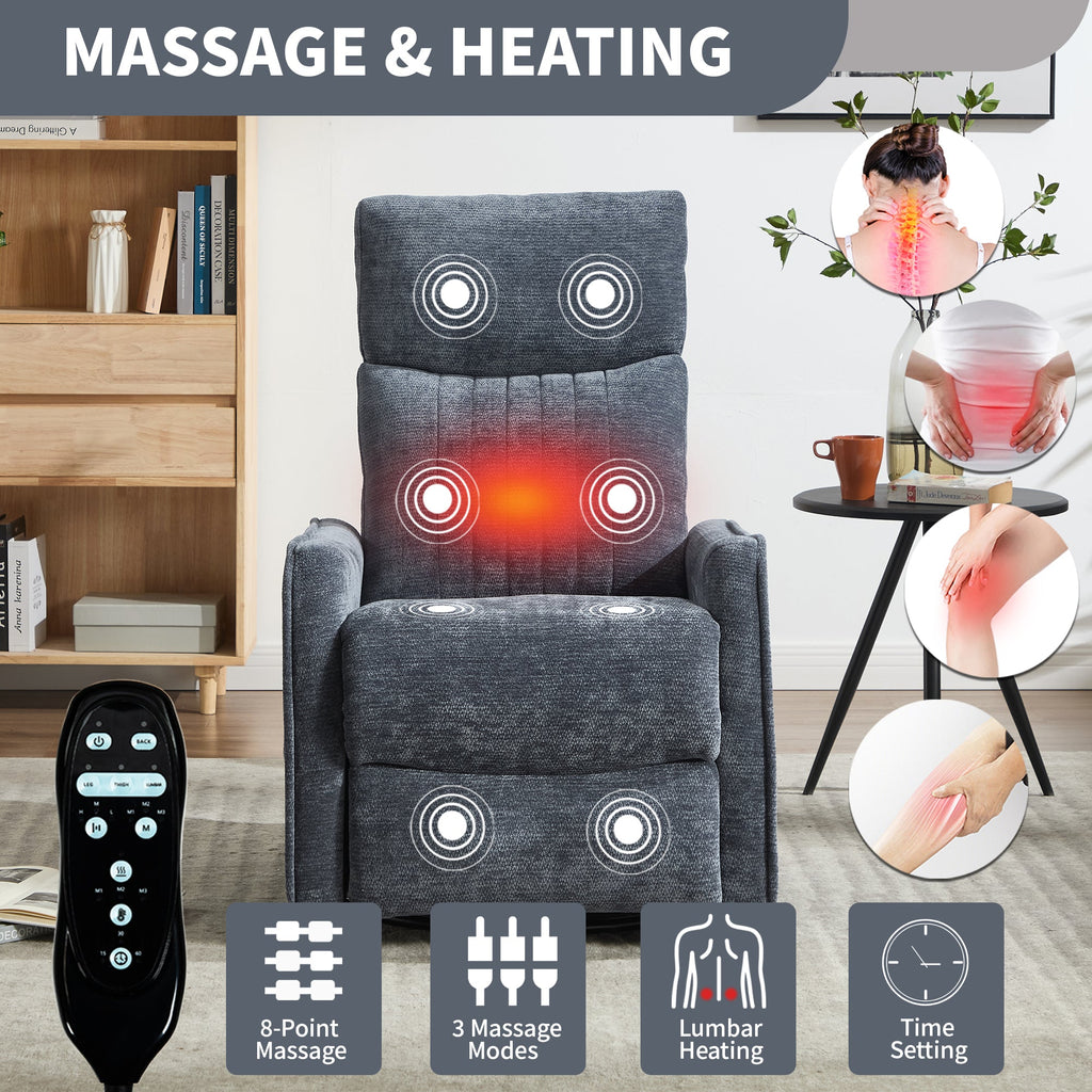 Blue Heat Massage Manual Recliner Chair with Rocker and Swivel in Fabric for Living Room