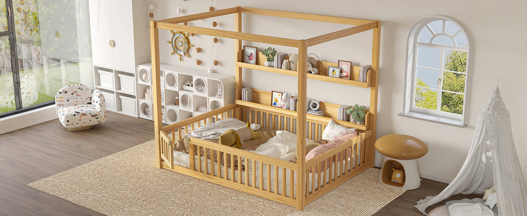 Full Size Canopy Bed with Guardrails, Solid Wood Floor Bed with Shelves, Montessori Floor Bed Frame for Kids, Boys, Girls, No Spring Box Needed, Natural