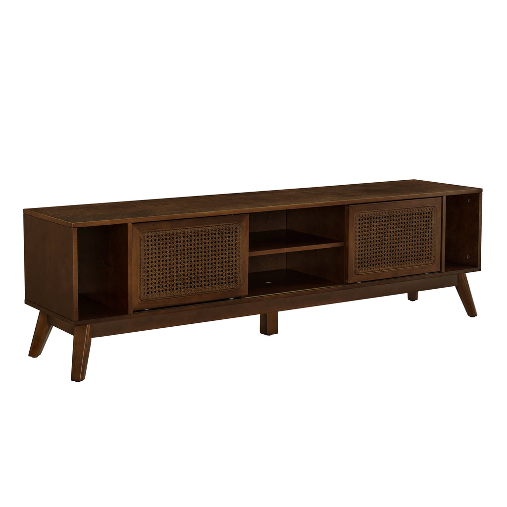 67.9 Inch Mid Century Modern Rattan TV Stand for TVs up to 75', Entertainment Cabinet, Media Console for Living Room Media Room, Solid Wood Feet & Rattan Cabinet Doors - Walnut