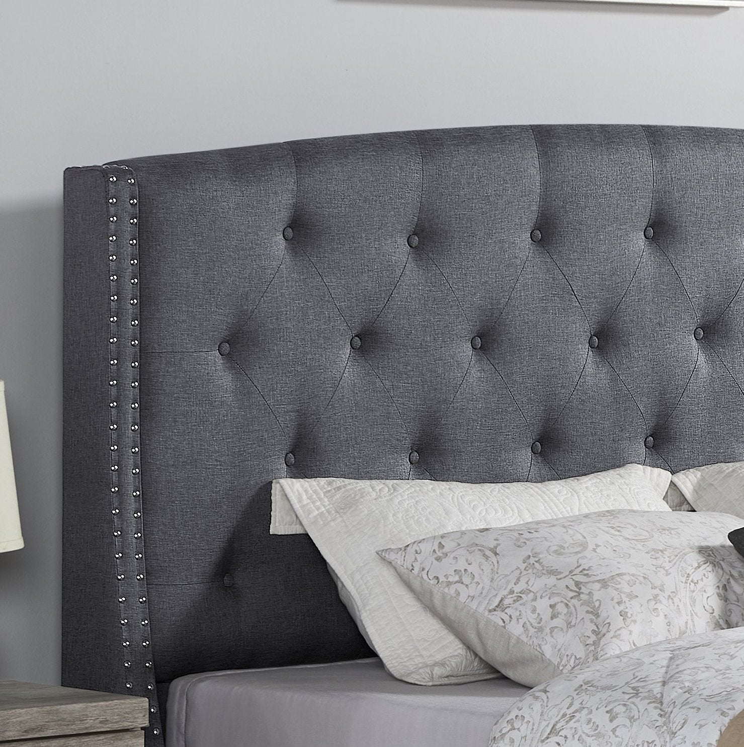 Belize 3-Piece Upholstered Bedroom Set, Tufted Wingback Bed with Two Gray Nightstands