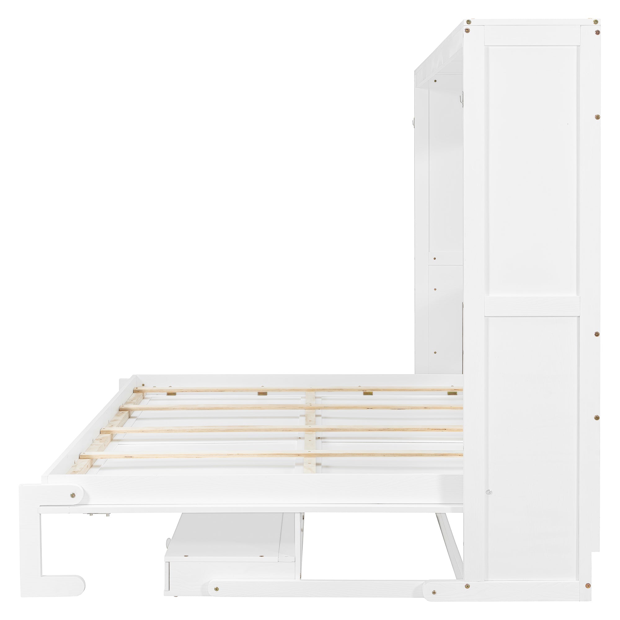 Queen Size Wall Murphy Bed with Storage, Foldable Cabinet Bed with Vanity Desk, Center Mirror & 2 Side Drawers, White