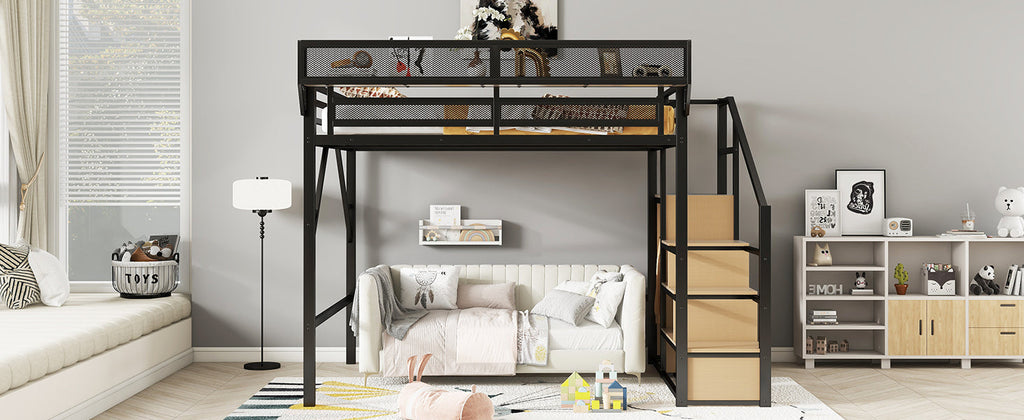 Queen Size Loft Bed with Stairs, Metal Queen Loft Bed with Storage Shelves, High Loft Bed with Wardrobe for Kids Teens Adults, Black(Old SKU W2580S00026 ) Patent Products