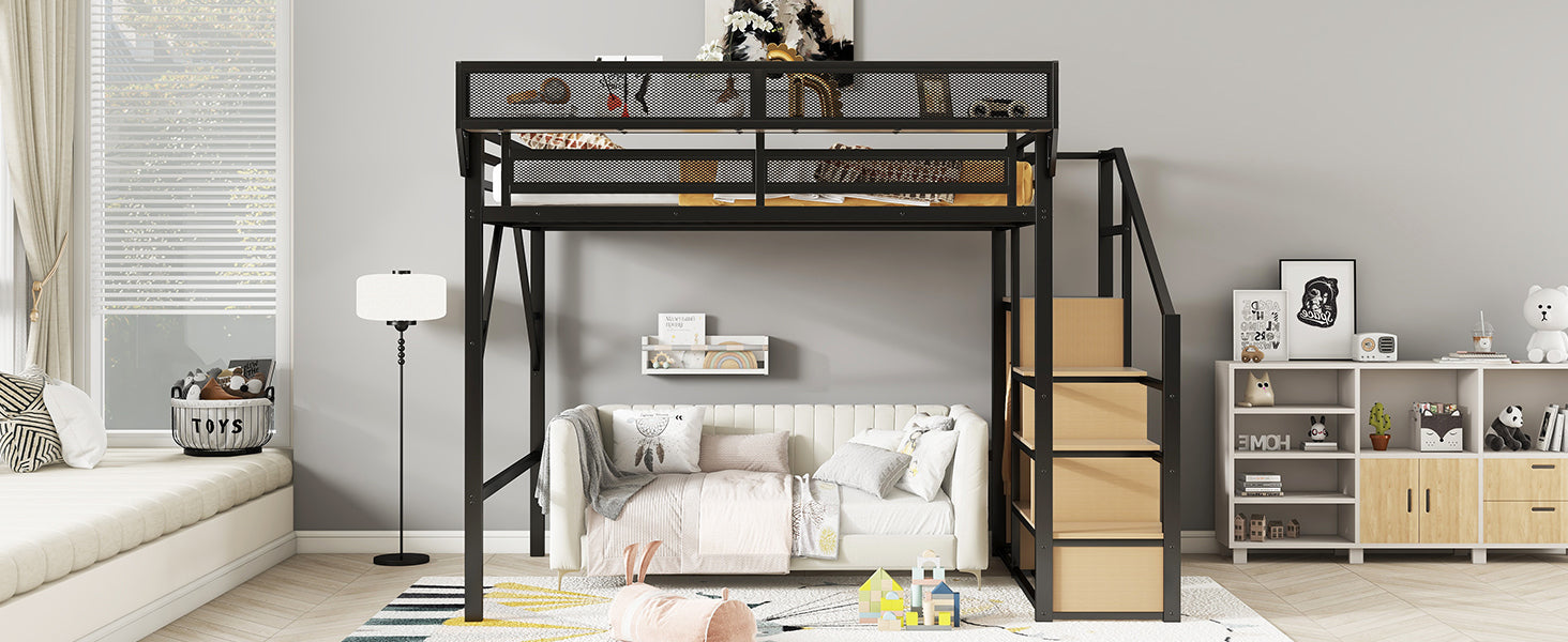 Queen Size Loft Bed with Stairs, Metal Queen Loft Bed with Storage Shelves, High Loft Bed with Wardrobe for Kids Teens Adults, Black(Old SKU W2580S00026 ) Patent Products