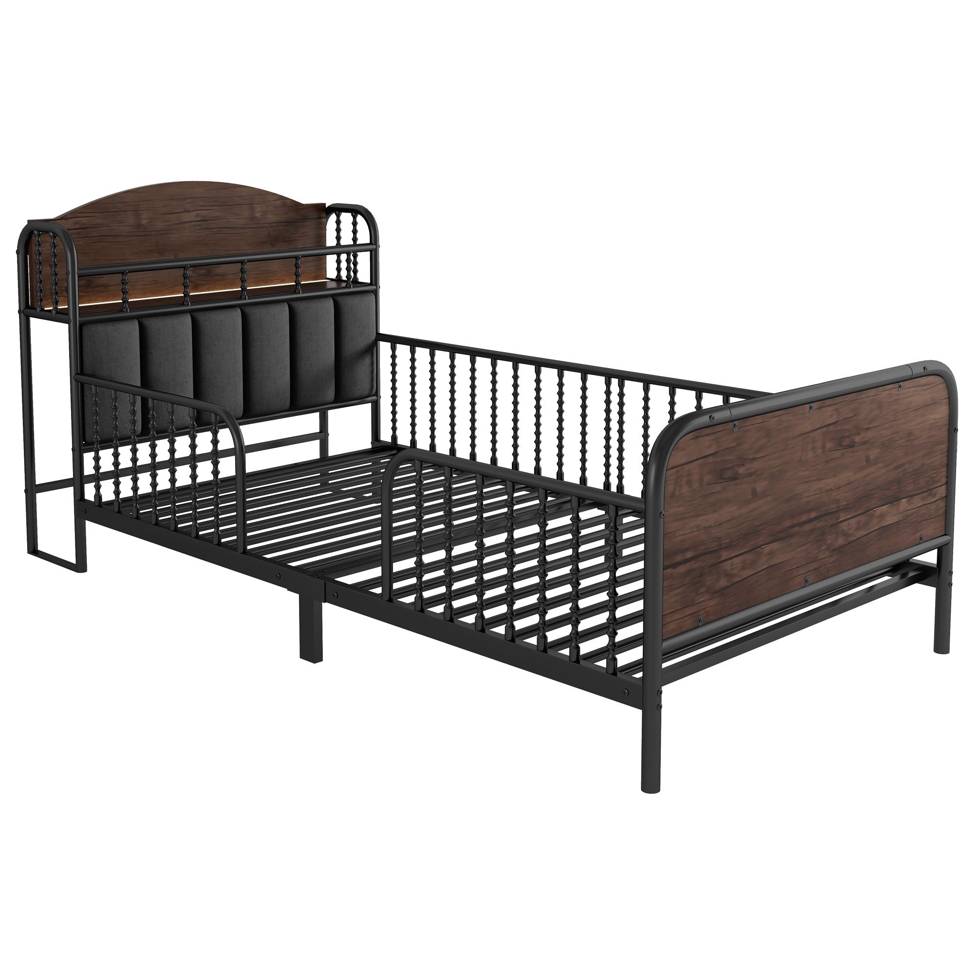 Twin Size Metal Platform Bed Frame with Light, Kids Twin Metal Bed with Upholstered and Storage Headboard, Black (Expect Arrival Date 2025/10/5)