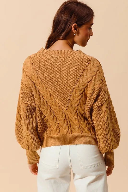 SO ME Mineral Washed Loose Fit Textured Cable Sweater