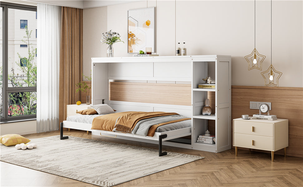 Twin Size Murphy Bed with Bookshelf, White