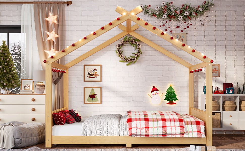 Full House Floor Bed with Support Slats, Solid Wood House Bed Frame for Kids, No Box Spring Needed and Opening Constructure, Natural