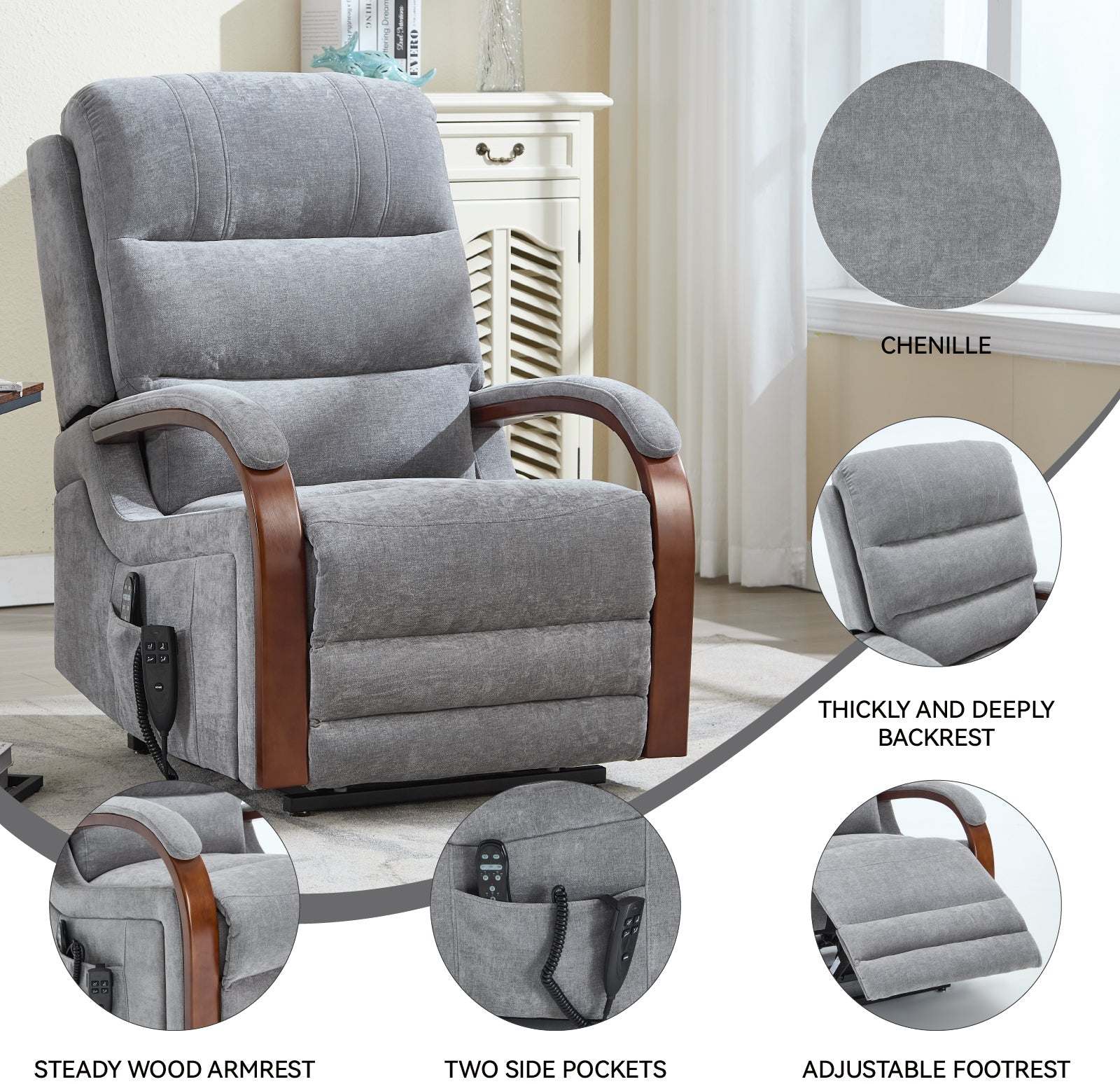 Power Grey Chenille Lift Recliner Chair Dual Motor Infinite Position Up to 350 LBS with Solid Wood Armrests, Heat Massage and Heavy Duty Motion Mechanism