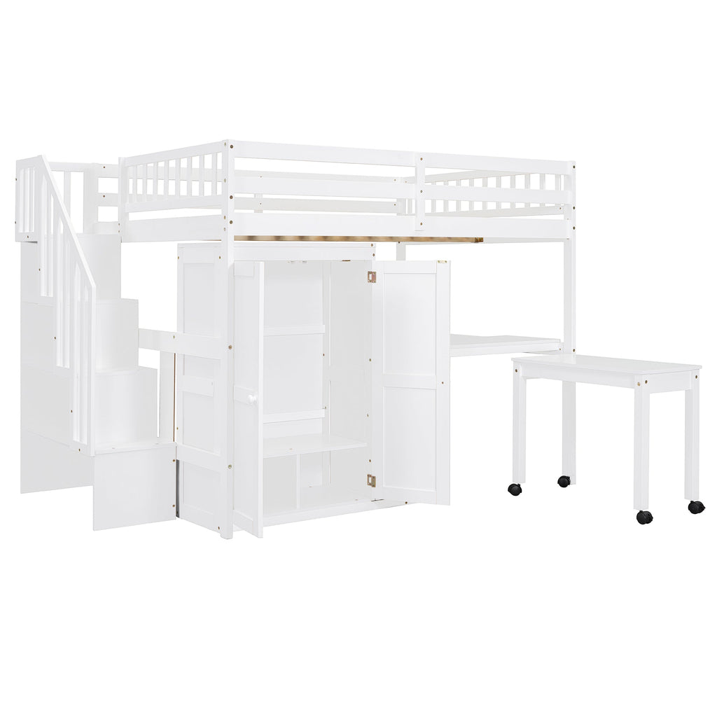 Full Size Loft Bed with Stairs, Bookshelf, Drawers, Desk & Wardrobe – Space-Saving Multifunctional Furniture for Kids & Teens-White