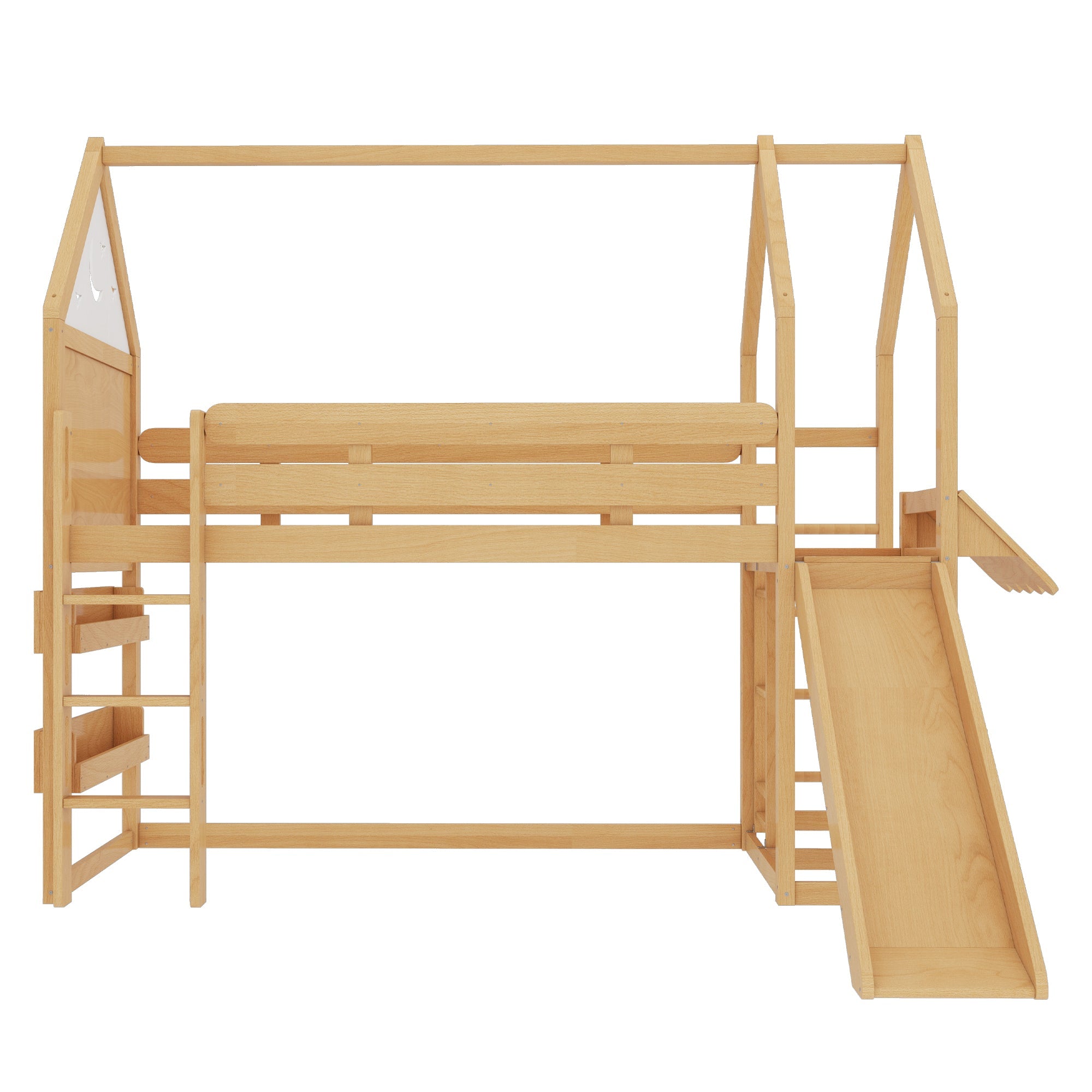 Twin Size Loft Bed with Bookshelf Playful Design for Kids House-Shaped Structure with Slide High-Quality Safety Rails,Natural