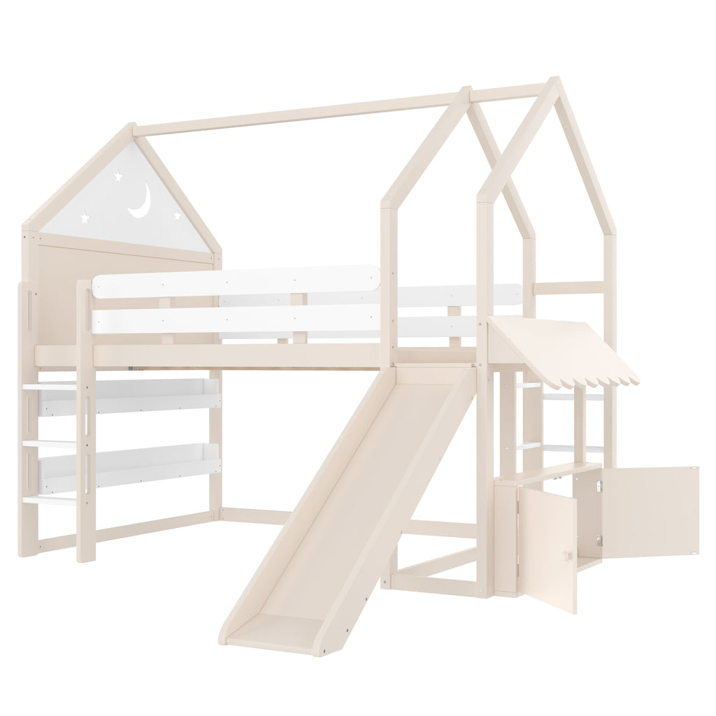 Full Size Loft Bed with Bookshelf Playful Design for Kids House-Shaped Structure with Slide High-Quality Safety Rails,Beige