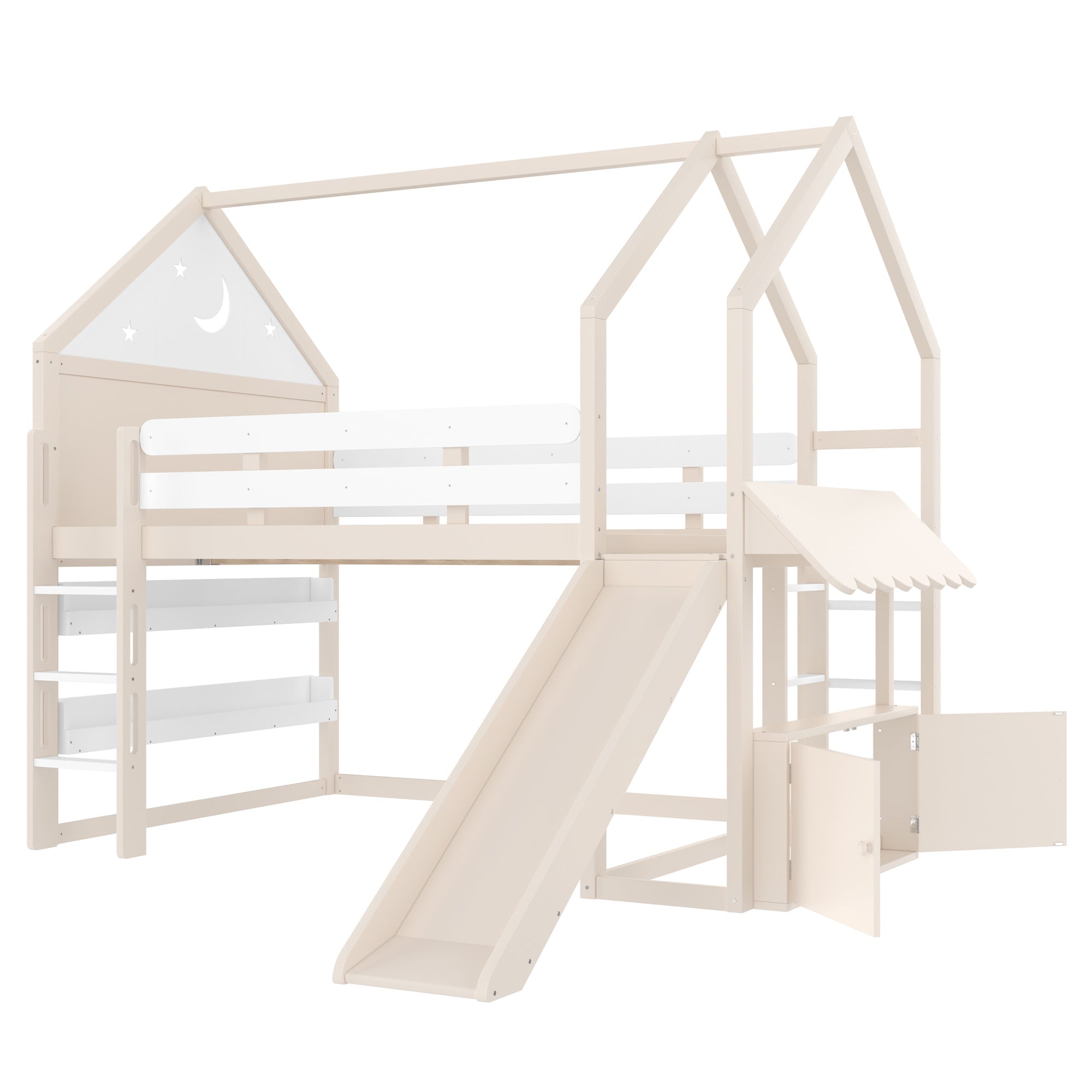 Full Size Loft Bed with Bookshelf Playful Design for Kids House-Shaped Structure with Slide High-Quality Safety Rails,Beige