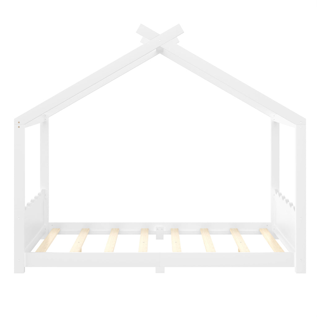 Full House Floor Bed with Support Slats, Solid Wood House Bed Frame for Kids, No Box Spring Needed and Opening Constructure, White