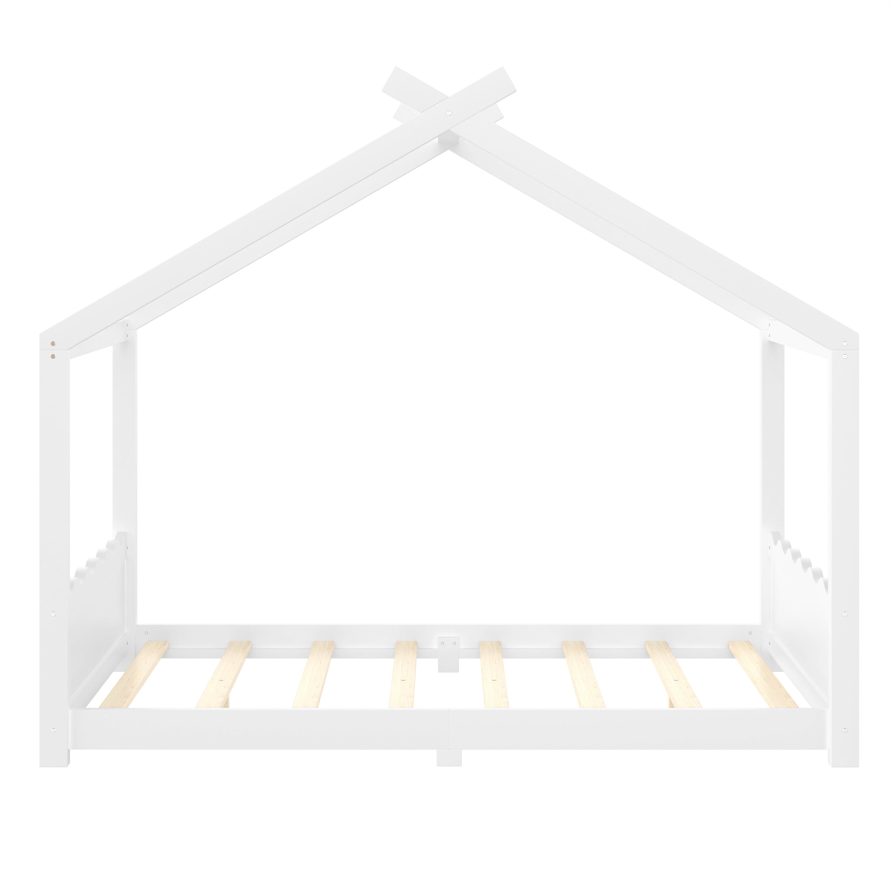 Full House Floor Bed with Support Slats, Solid Wood House Bed Frame for Kids, No Box Spring Needed and Opening Constructure, White