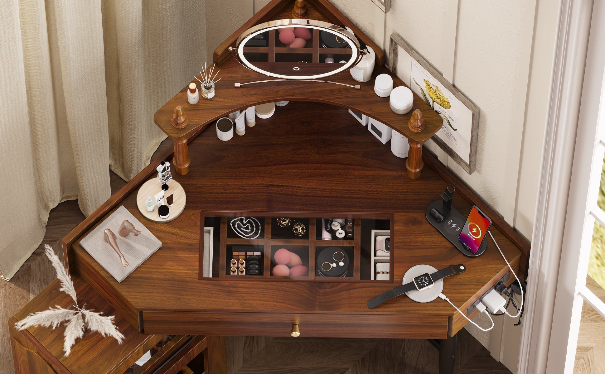Corner Vanity Desk Set with Storage Cushioned Stool and Charging Station, Triangle Makeup Desk with Removable Pull-Out Side Cabinet, Glass Tabletop Makeup Vanity Desk with Drawer and Shelf, Walnut