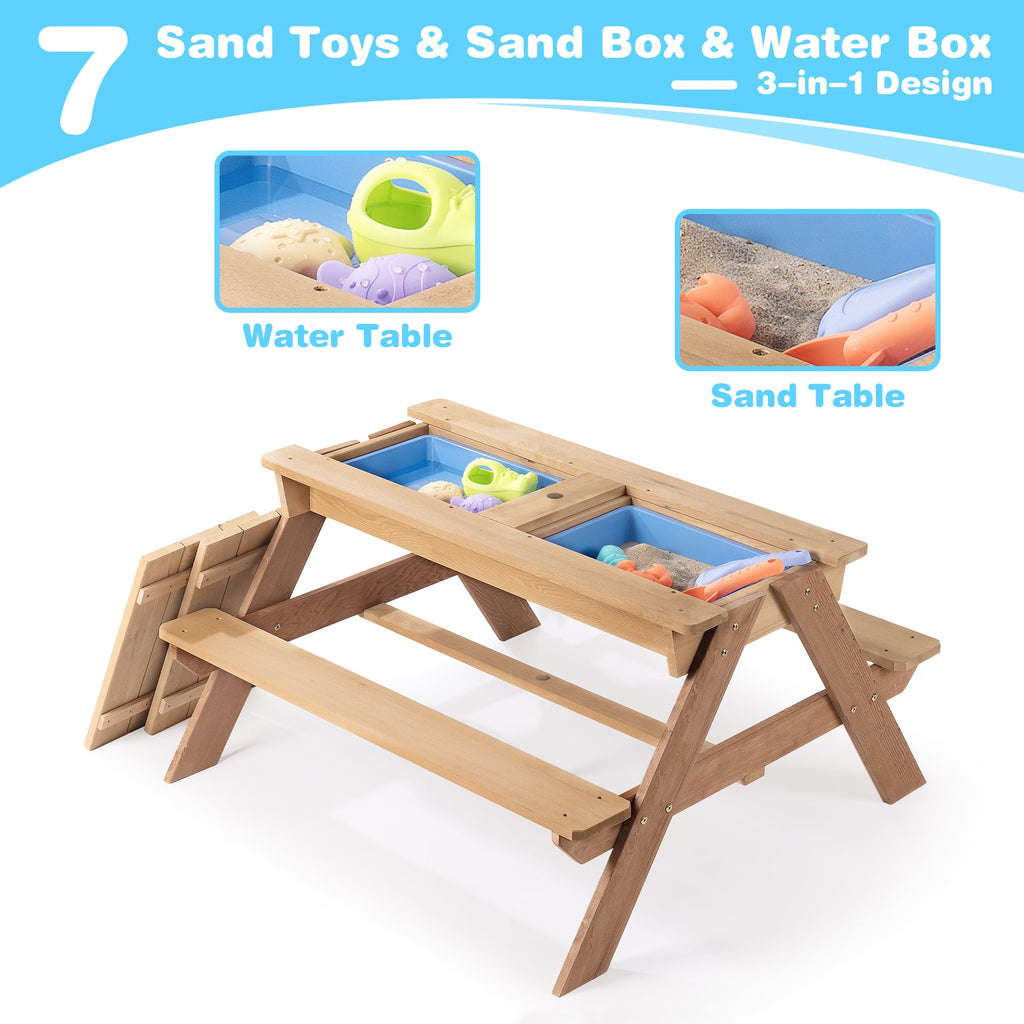 D-road 3-in-1 Kids Outdoor Wooden Picnic Table with Adjustable Umbrella and Convertible Sand & Water Activity, Gray, Solid Cedar Wood