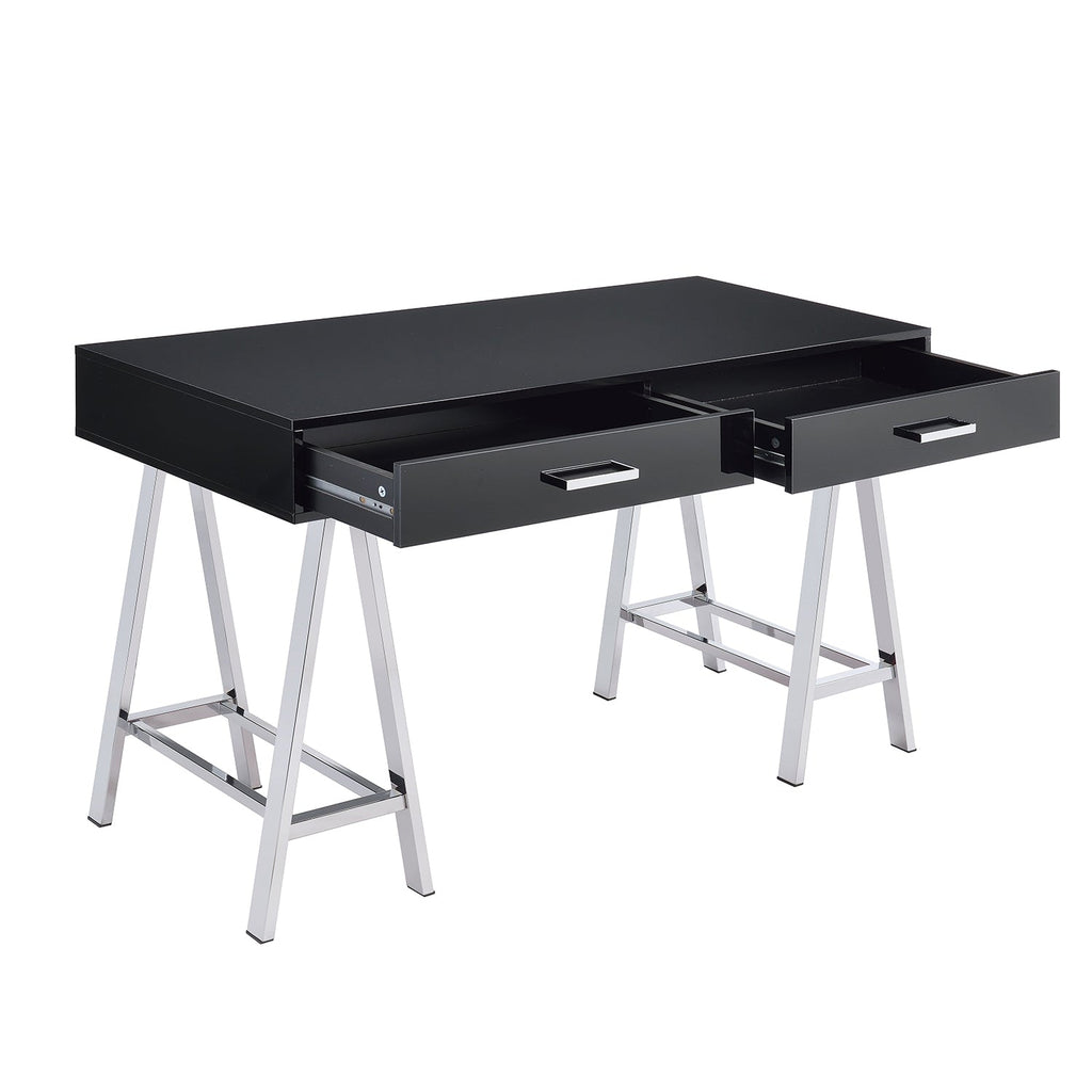 2 Drawers Writing Desk with Metal Base, Black High Gloss and Chrome