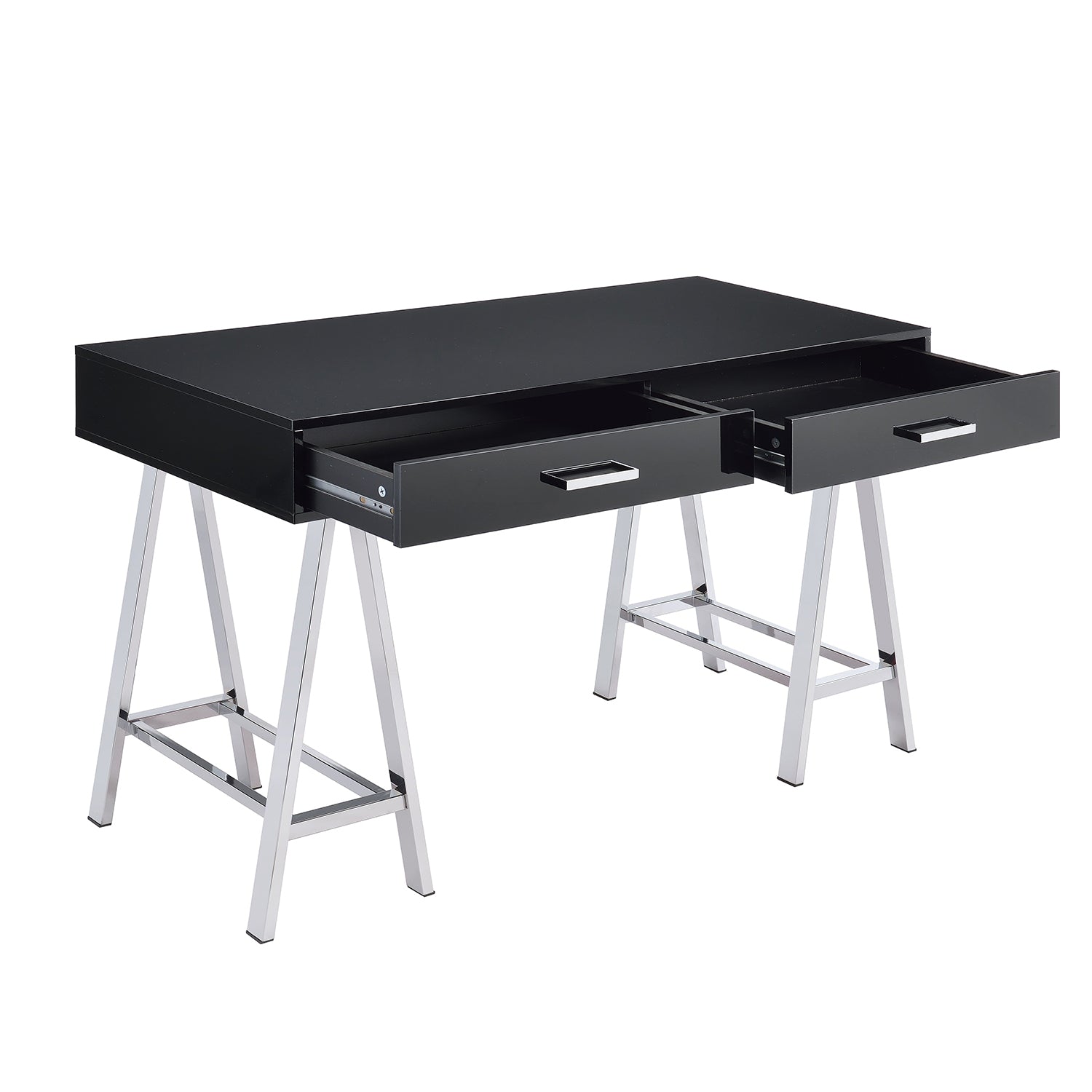 2 Drawers Writing Desk with Metal Base, Black High Gloss and Chrome