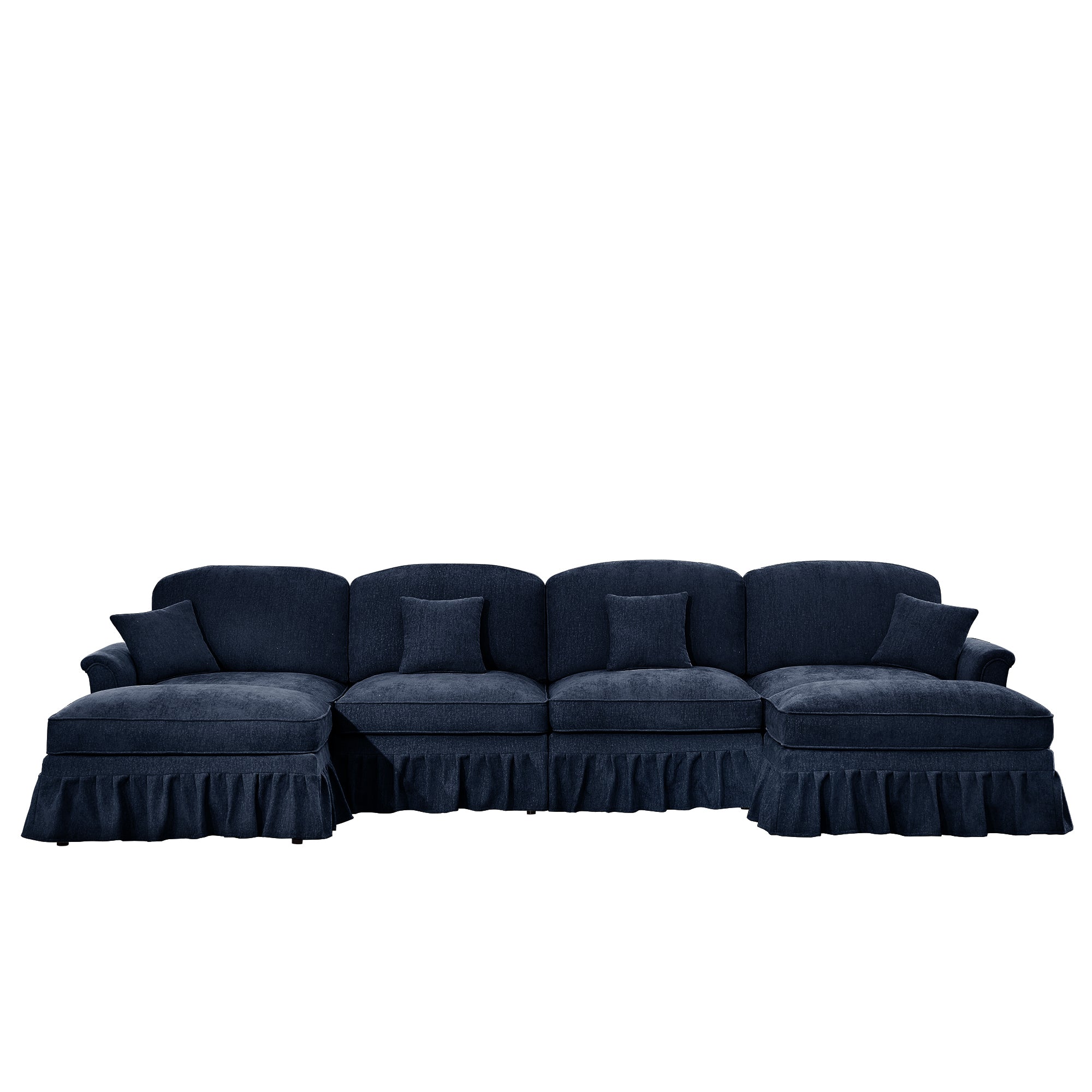 Classic U Shape 4 Seater Modular Sectional Sofa Couch with Flared Arms and Removable Ruffles Pleats Skirts and Spindle Legs, Chenille Deep Seat Cloud Sofa with Movable Ottomans, Blue