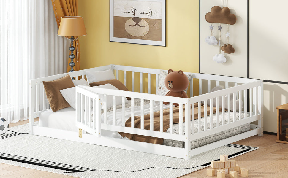 Full Size Floor Bed with Slats, Montessori Floor Bed with Fence and Door, Kids Montessori Bed Full Size, Wood Montessori Floor Bed for Kids, Girls, Boys(White)