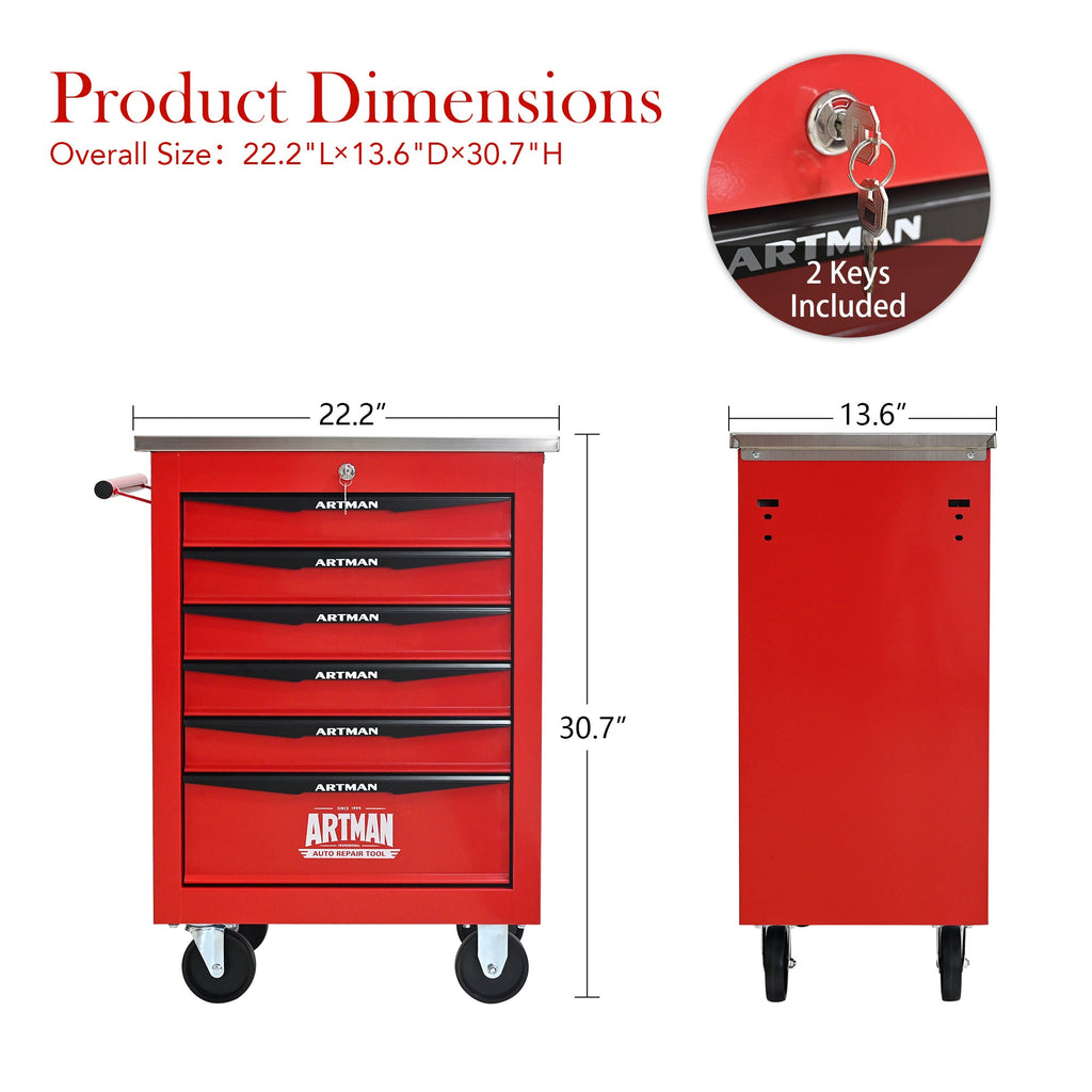 6 Drawers Multifunctional Tool Cart with Wheels,Metal Rolling Tool Cart Storage for Garage Workshop Warehouse Repair Shop--With Stainless Steel Roof- Red&Black