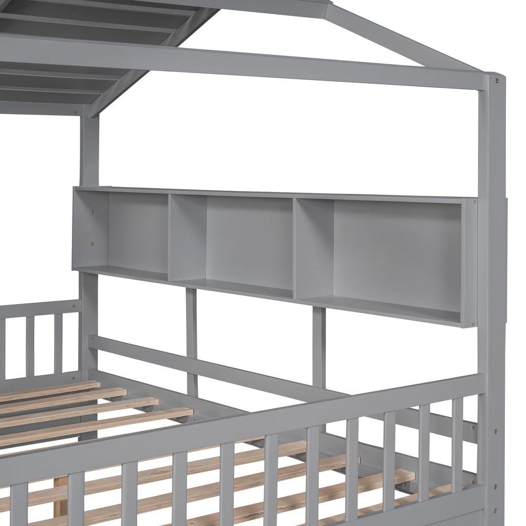 Wooden Full Size House Bed with 2 Drawers,Kids Bed with Storage Shelf, Gray(Old SKU: HL000052AAE)