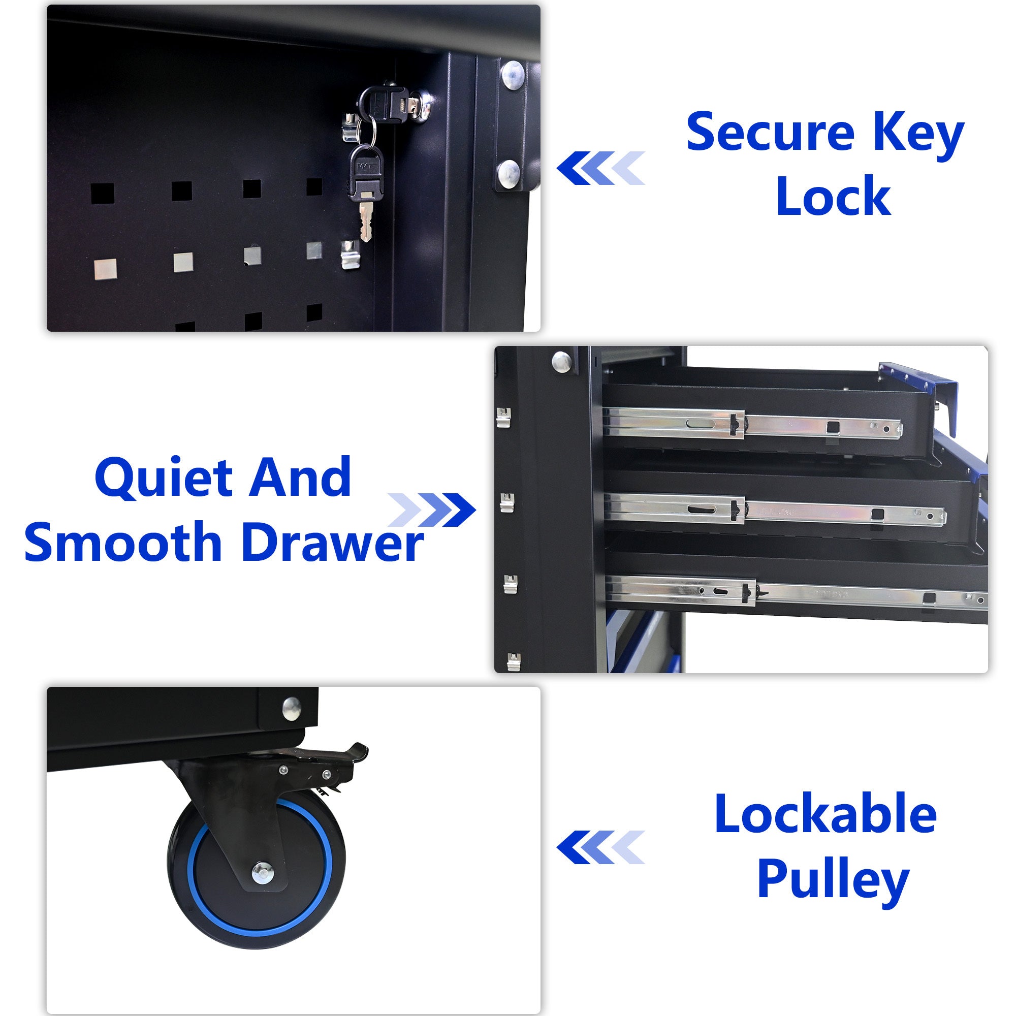 30-inch 7-drawer Wood-top Practical Rolling Steel Tool Cart, With Handle and Wheels, Storage Cabinet for Garages, Warehouses, Repair Shops, Requires Assembly of the the Tool Cart - Black & Blue