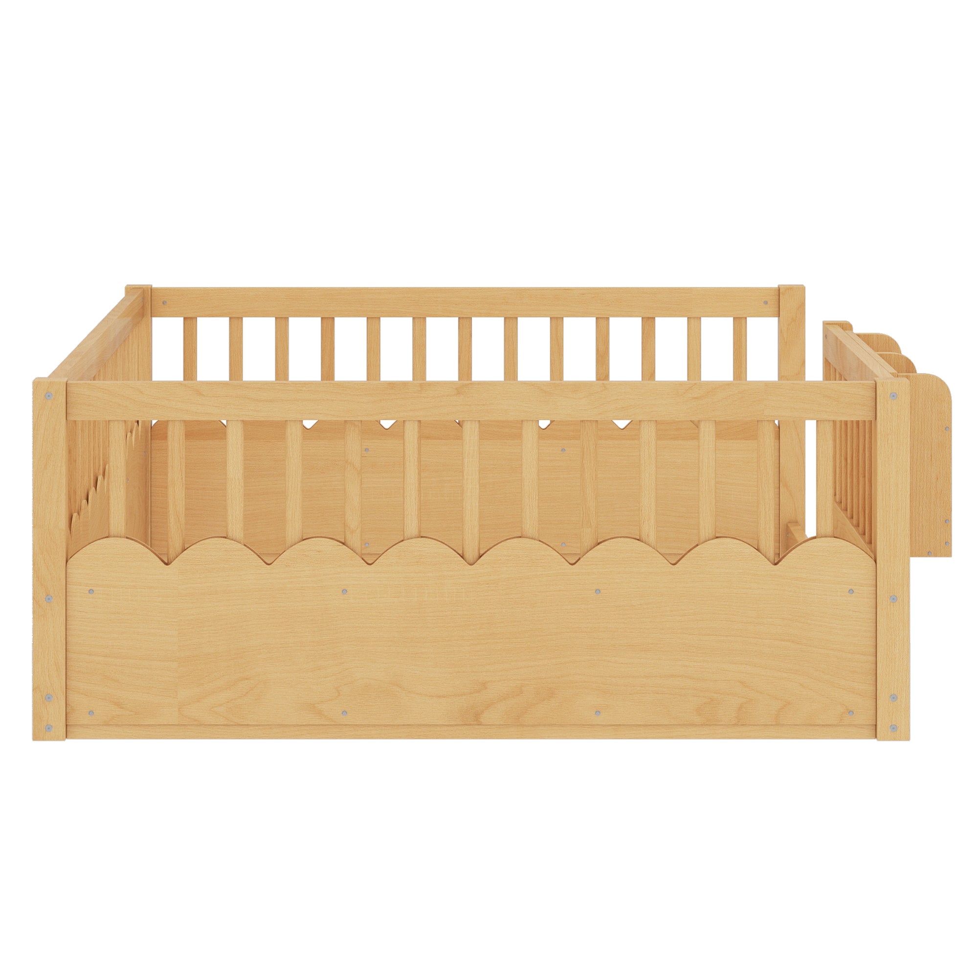 Full Floor bed with Heightened Fence and bookshelf ,Wood Floor Bed for Kids,Natural.