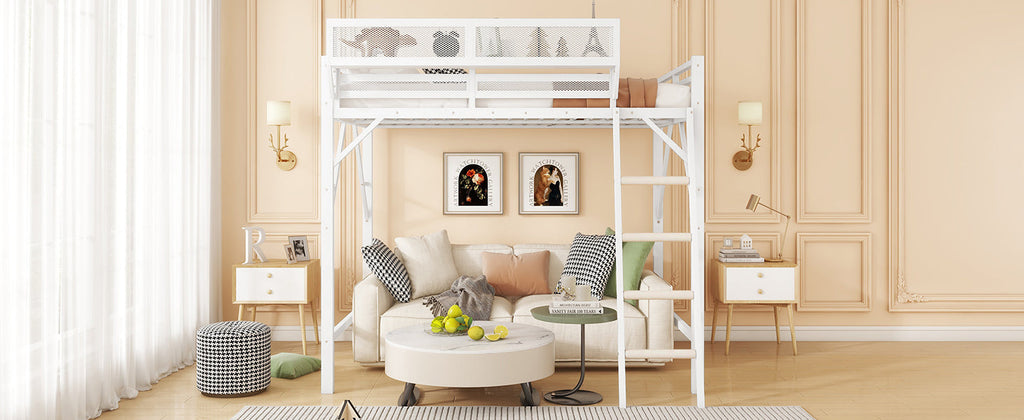 Queen Size Loft Bed with Ladder, Metal Queen Loft Bed with Storage Shelves, High Loft Bed for Kids Teens, White(Expect Arrival Date 2025/12/3  Old SKU W2580P351278)