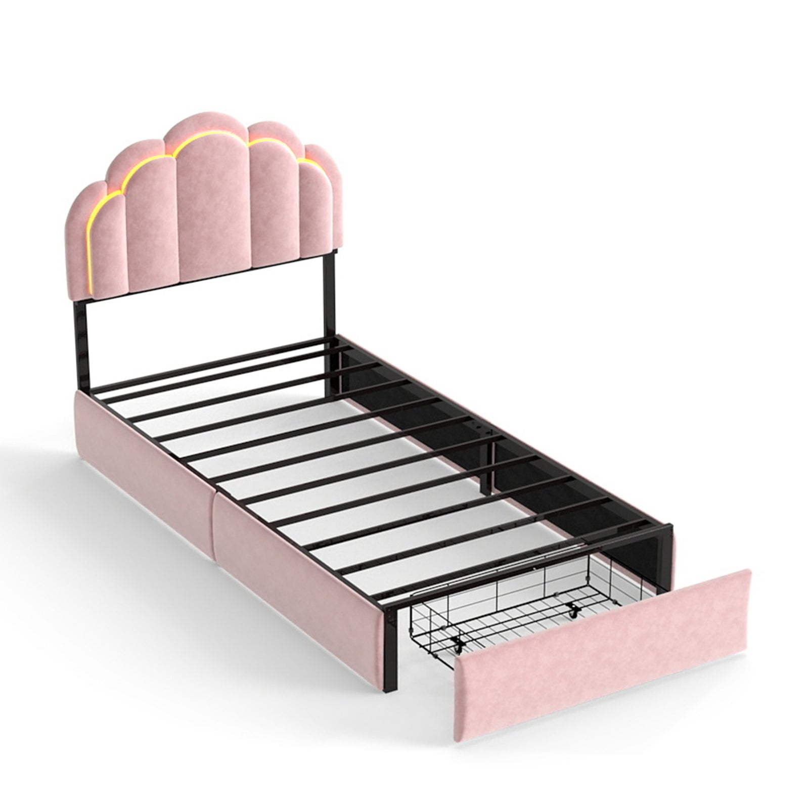 Velvet Petal Platform Bed with RGB LED Lights & Storage Drawers, Pink Wood+Metal Design, 72' L x 43' W x 39' H