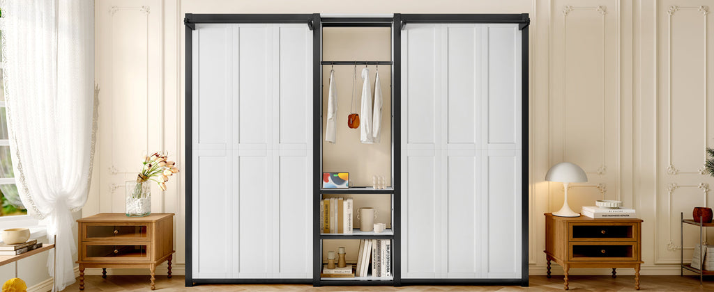 Twin and Twin Murphy Bed, Metal Foldable Murphy Bed with Wardrobe, Shelves and Power Outlets, 2 in 1 Design, Space-saving, White