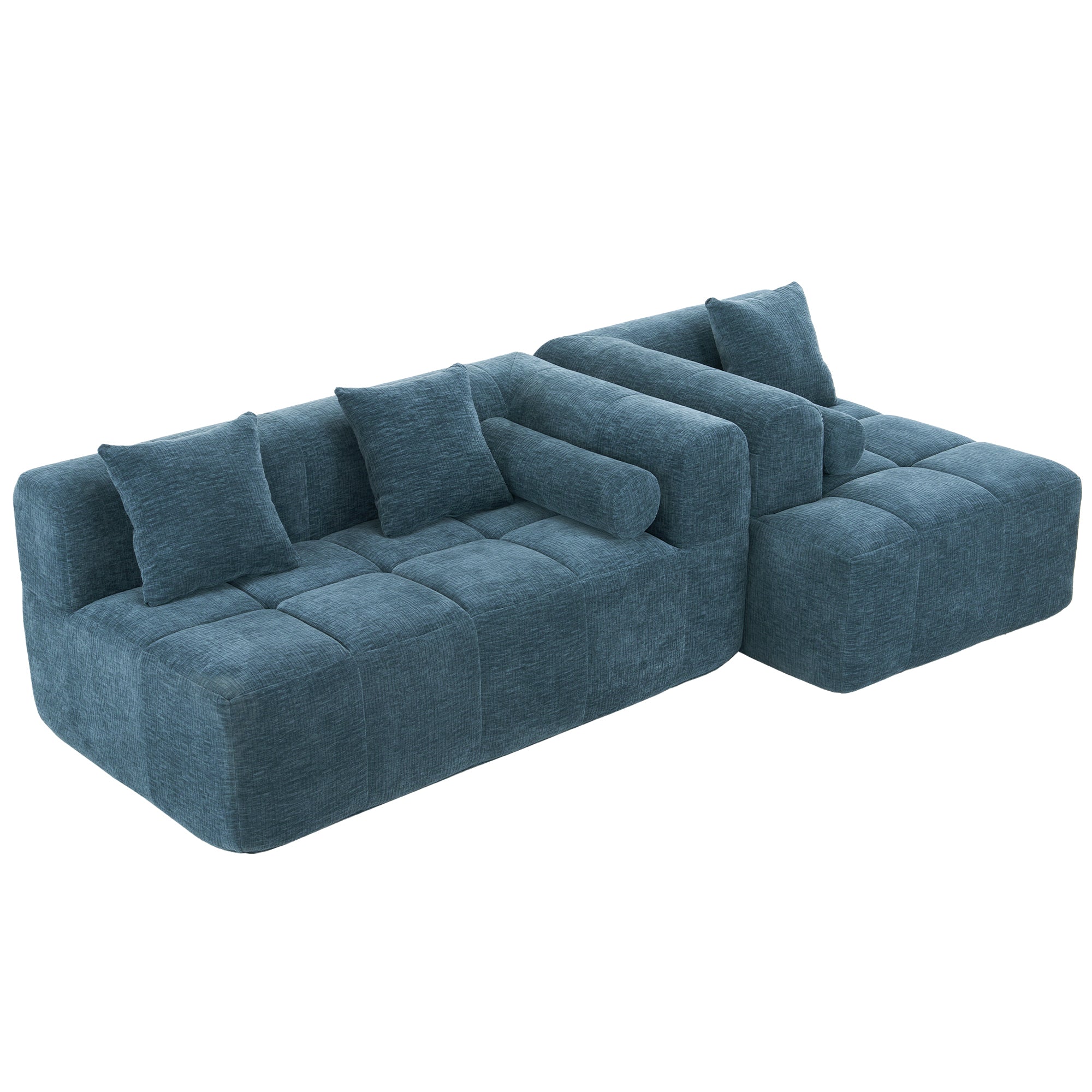 Modern Modular Sofa with Deep Seating, Two Side Pockets, and Plush Pillows in Blue Chenille Fabric, 101.2'