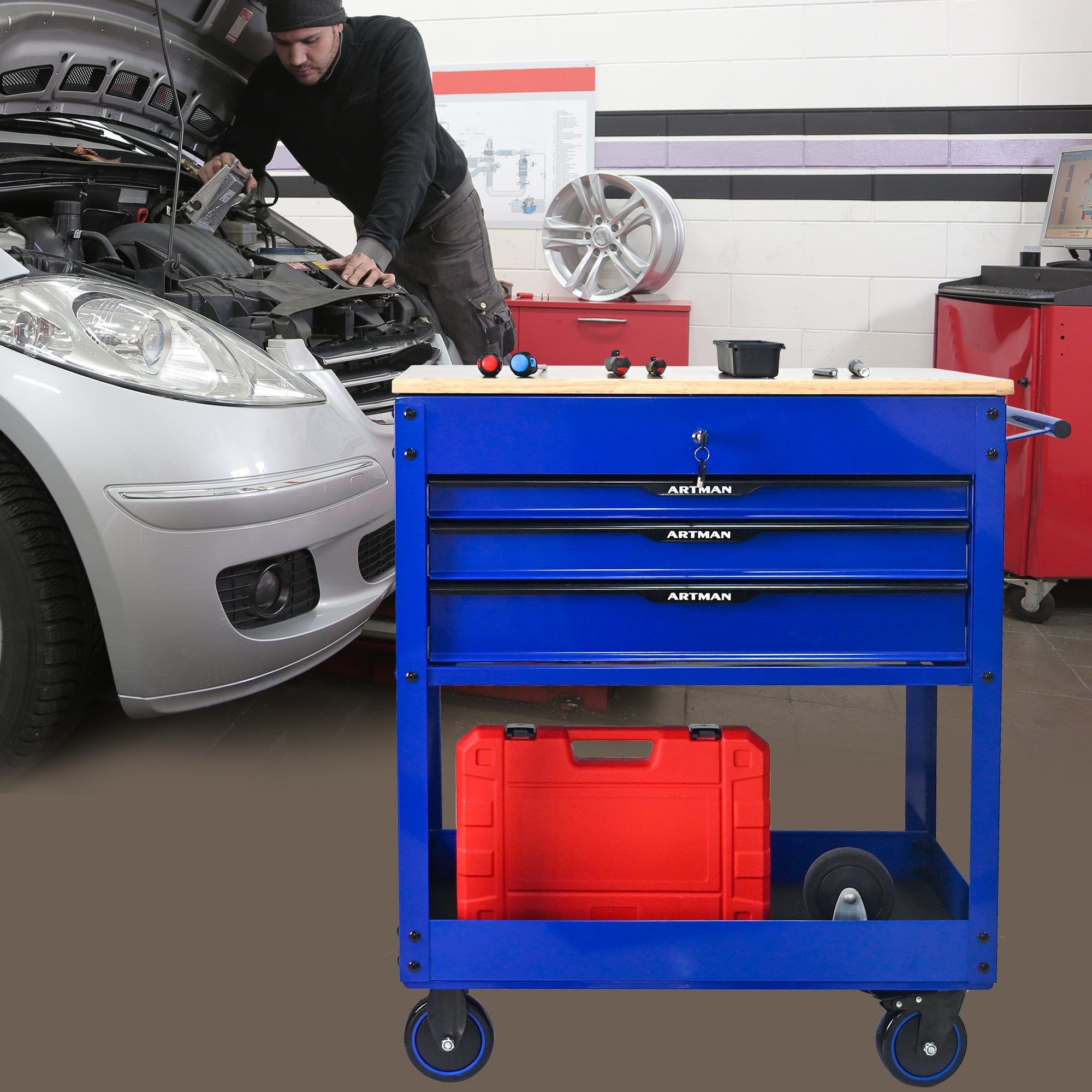 3 DRAWERS MULTIFUNCTIONAL TOOL CART WITH WHEELS AND WOODEN TOP-Blue