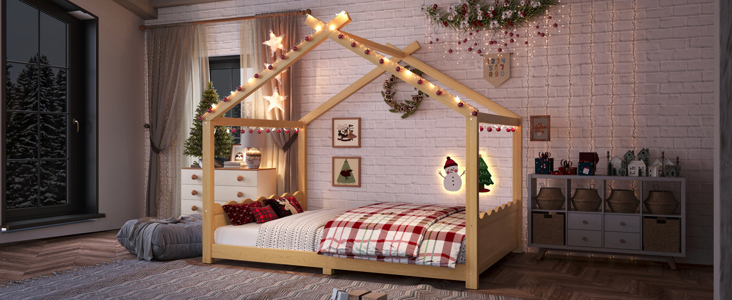 Full House Floor Bed with Support Slats, Solid Wood House Bed Frame for Kids, No Box Spring Needed and Opening Constructure, Natural