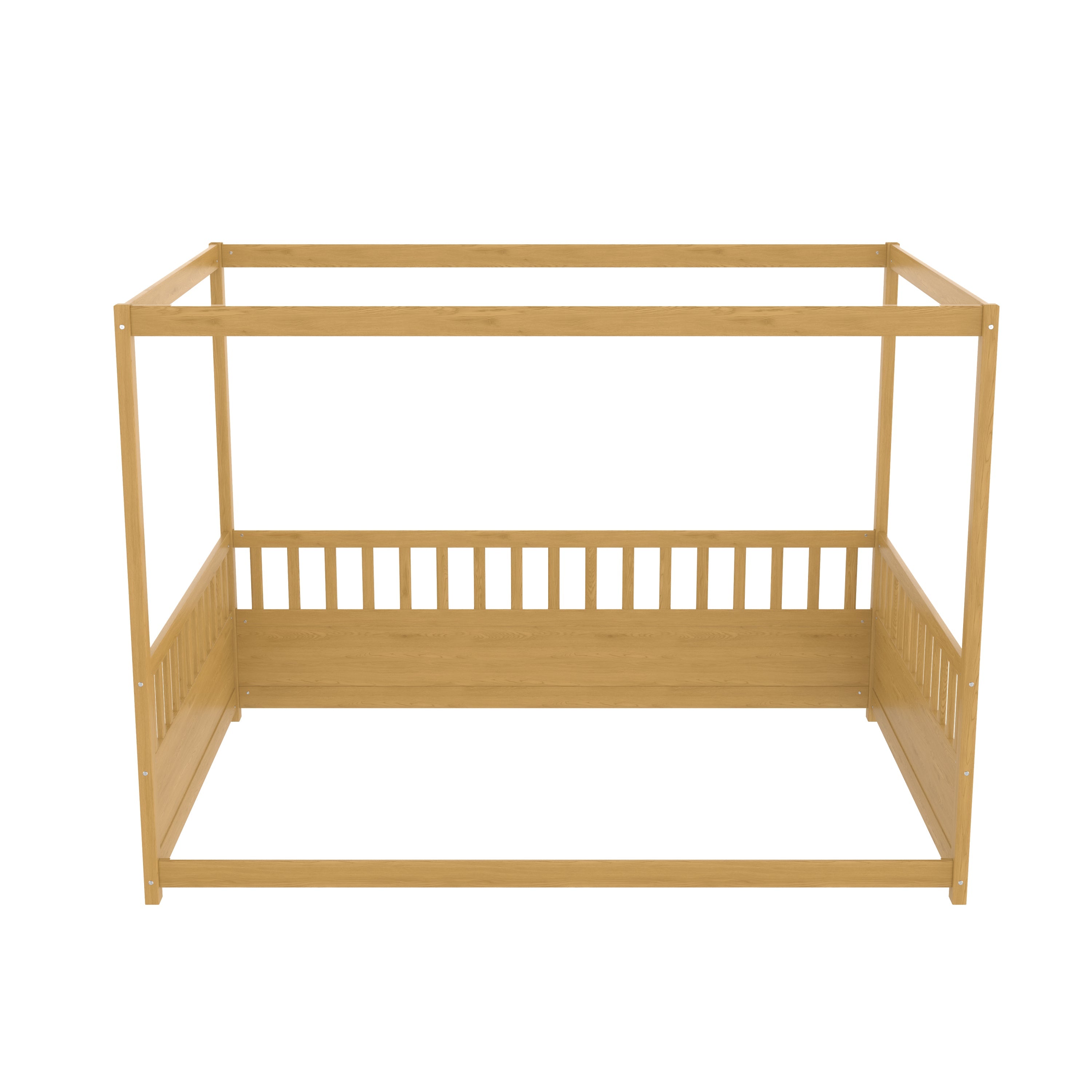 Full Size Canopy Bed Frame with Guardrails for Kids,Floor Bed Full with Four Poster Design,Kids Montessori Floor Bed,Wood Canopy Bed Frame for Girls,Boys(Full,Natural)