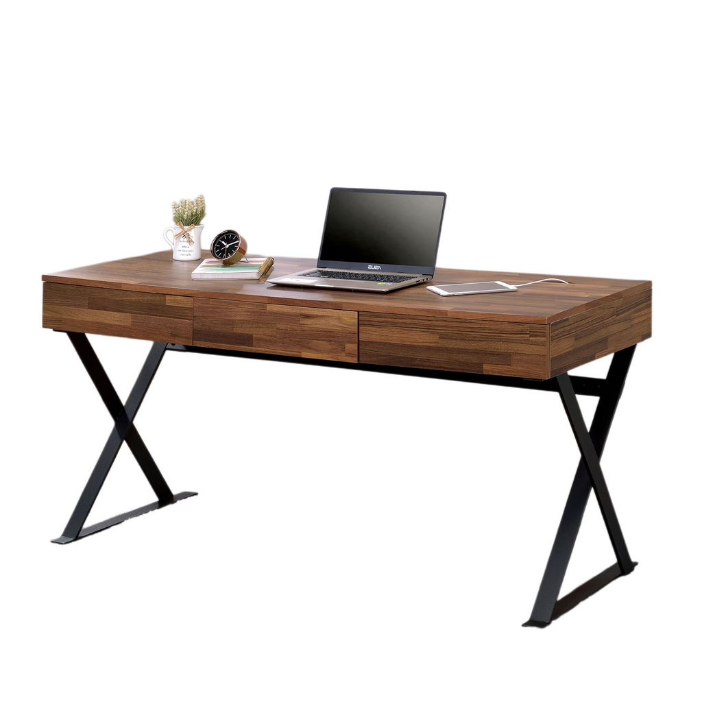 Industrial Computer Desk With Three Storage Drawers USB And Power Outlet, X-Cross Legs Black