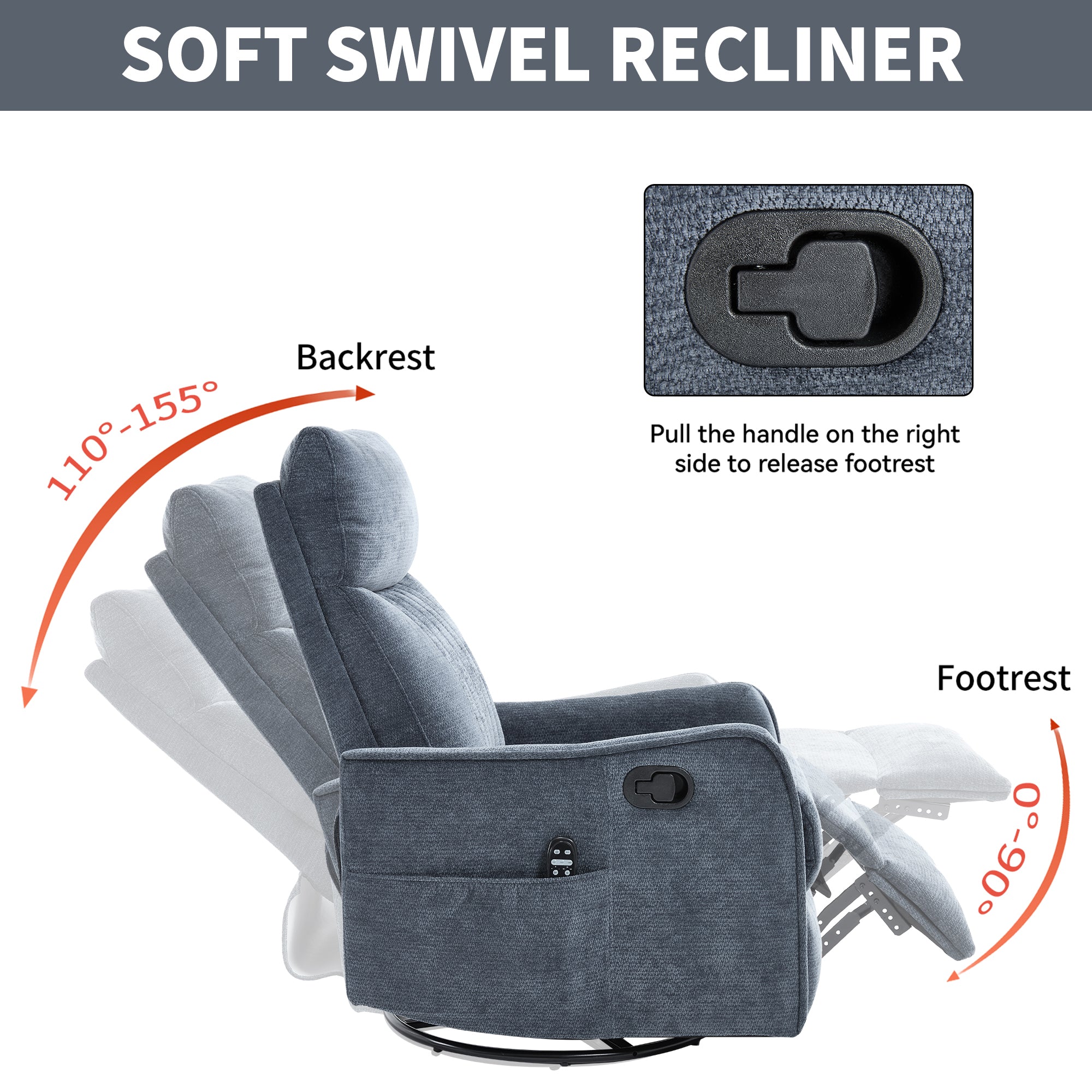 Blue Heat Massage Manual Recliner Chair with Rocker and Swivel in Fabric for Living Room