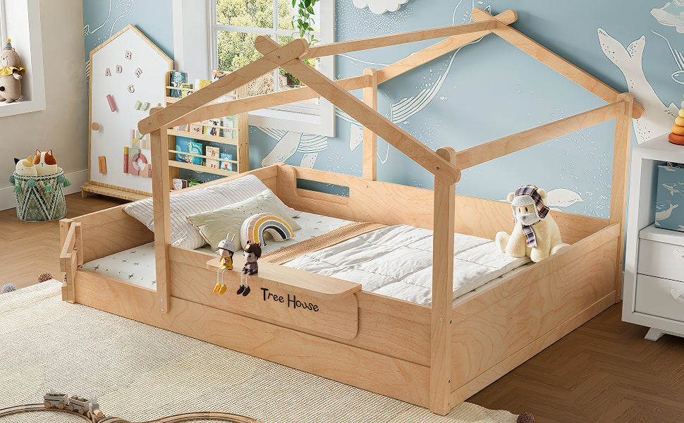 Queen Size Floor Bed with Guardrails and Roof, Kids House Floor Bed with a Small Built-in Tray and Free-installed Signboard, Childlike Design,Natural