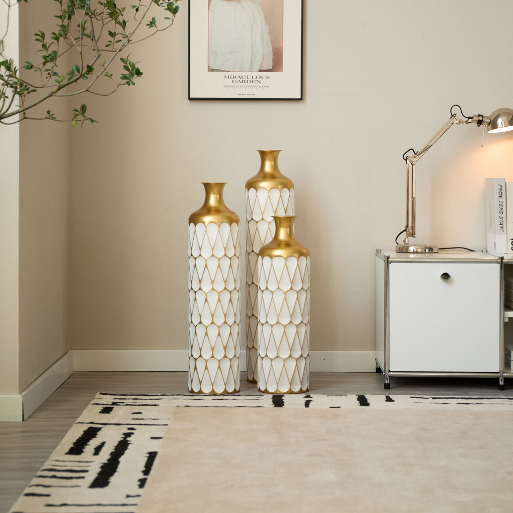 Floor Metal Vase Modern Style Decoration Home Droplet Shaped White Metal Vase 3-piece Set Gorgeous Home Decoration Large Glazed Metal Vase
