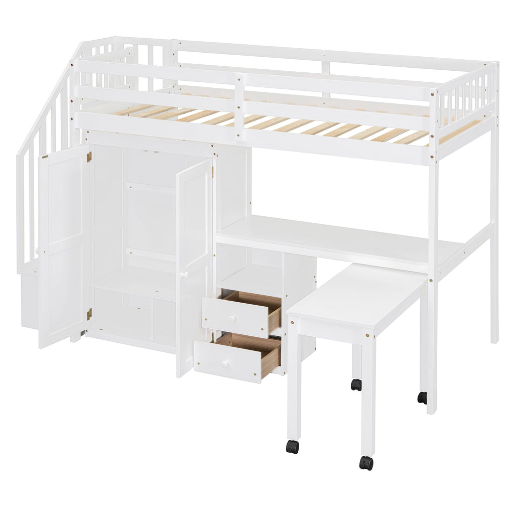 Twin Size Loft Bed with Stairs, Bookshelf, Drawers, Desk & Wardrobe – Space-Saving Multifunctional Furniture for Kids & Teens-White